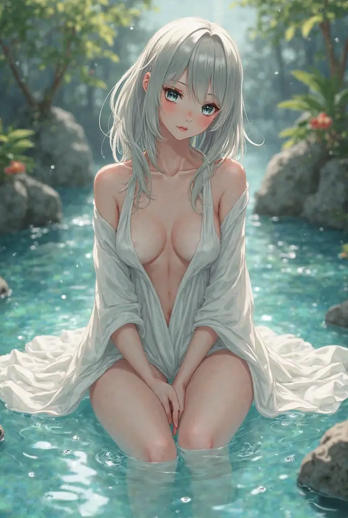 (masutepiece: 1.2, Best Quality), 1 Lady, Solo, silber hair,The long-haired, Red Eyes, Black skin,sun burn,Brown skin,elvish、a choker,Silver Accessories,the woods,????? shirt,izumi,Bathing in water,Wet,???? out,Beautiful ???????