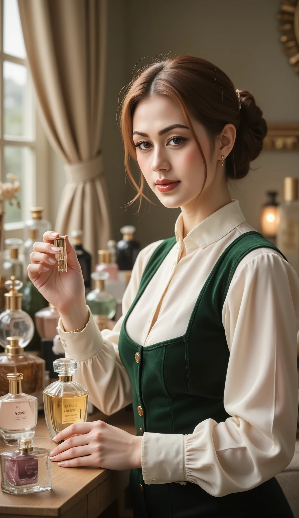 woman presenting perfumes, local, perfume bottles, mixing perfumes, photorealistic, superior quality, 4k, extreme details, studio lighting, physical representation, Bright colors, bokeh, monochrome color scheme, Romantic atmosphere, portrait style, oil painting