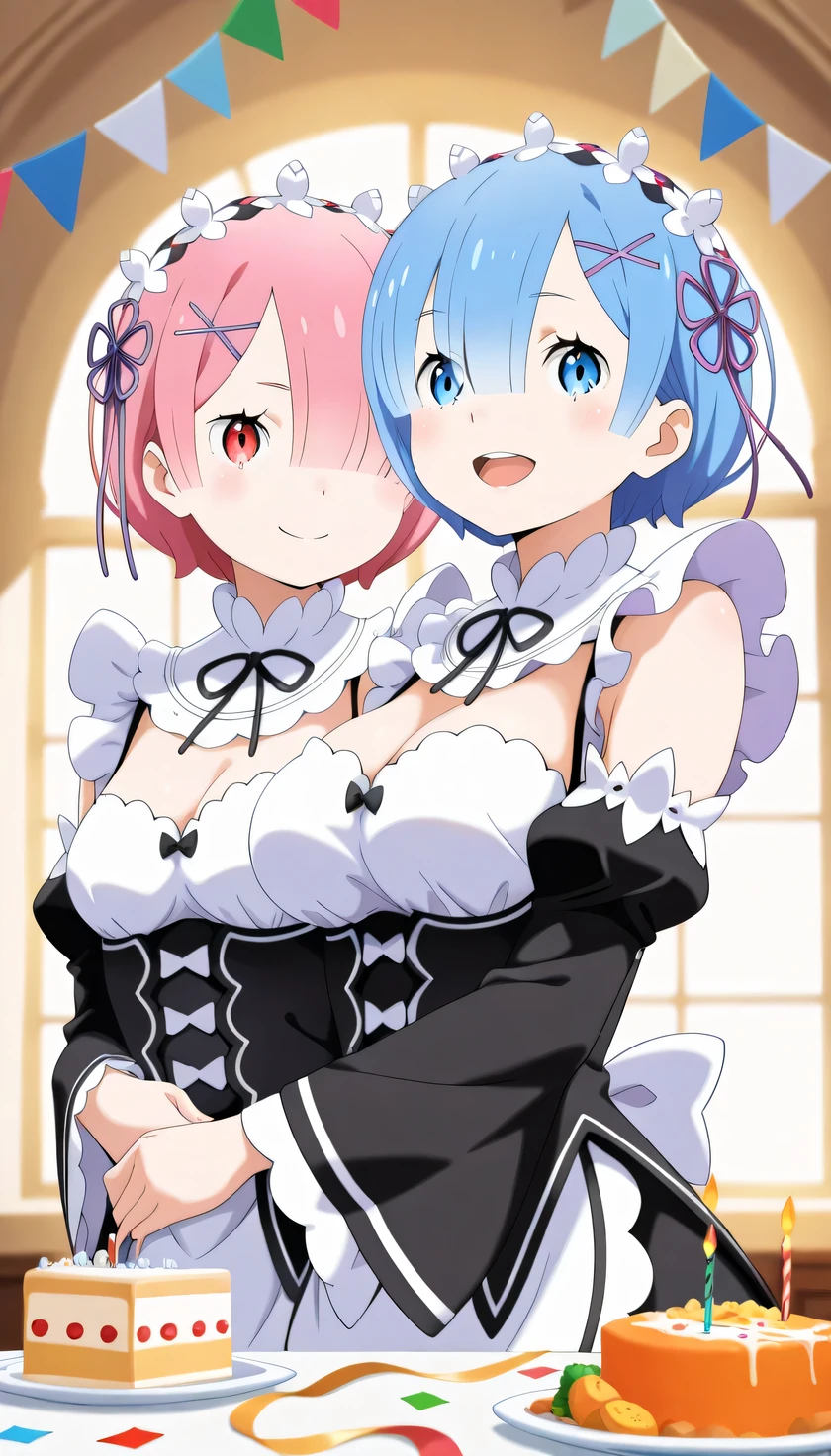 (Two girls hugging each other:1.5), {{{masterpiece}}}, (best quality:1.5), (ultra-detailed:1.5), {illustration}, {{an extremely delicate and beautiful}}, (beautiful detailed eyes:1.3), absurdres, highres, extremely detailed face, 16k, hd, visual anime de uma jovem mulher, extremamente bonito rosto de anime, anime melhor garota, (perfect hands, perfect anatomy), (five fingers:1.1) anime face, AND, rem (re:zero), phRem, cute face, blue hair, short hair, hair over one eye, (blue eyes:1.3), hair ornament, x hair ornament, flushed cheeks, big breasts, thin waist, big hips, curvaceous, AND, ram(re:zero), cute face, pink hair, short hair, hair over one eye, (red eyes:1.4), hair ornament, x hair ornament, flushed cheeks, medium breasts, big hips, curvaceous, BREAK, maid, {roswaal mansion maid uniform}, tailcoat, detached sleeves, black sleeves, black ribbon, (apron:1.2), black skirt, thighs, BREAK, cute face, (smiling:1.2), looking at viewer, walking, carrying food, (party:1.3), indoors, roswaal mansion, food on the table, window, depth of field, wind, (upper body:1.5)