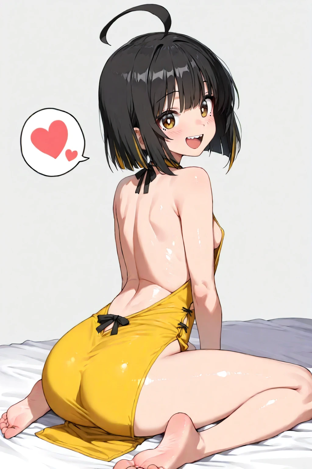 One woman, 23 years old,bed_Sheet,Open your legs,On , Open leg pose,Ecstasy,Eyes closed, ecstatic,blush, Sweaty, glistening skin,topless,chest, の谷間, clavicle, slender, 形の良い大きな, belly button, Light Brown Hair, Medium Hair, alone,White panties,back view,Simple background,Pink heart symbol flying,White Breath,