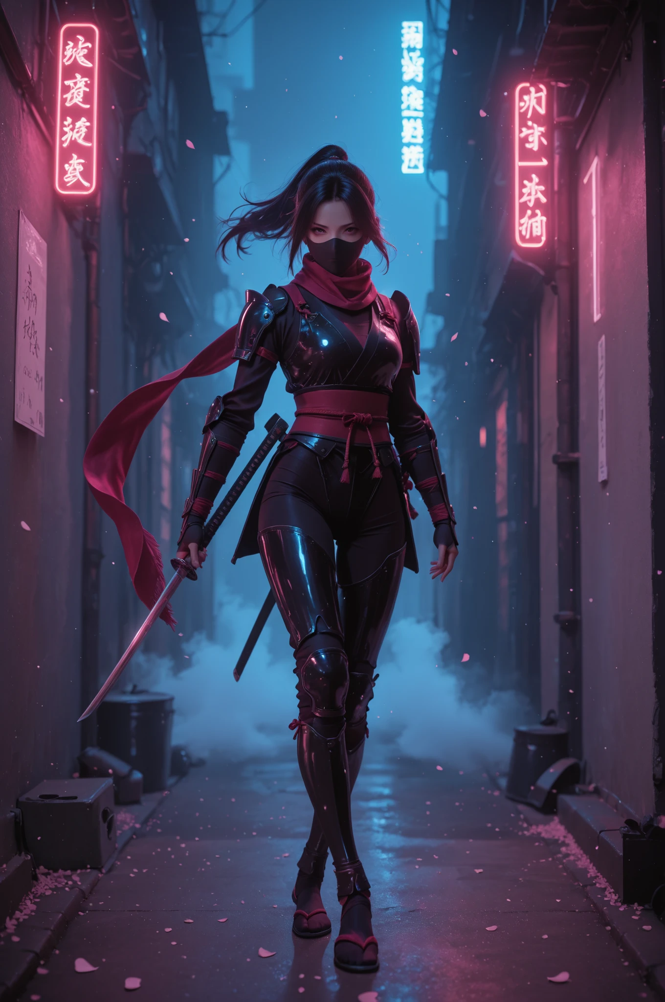 A highly cinematic portrait of a female ninja standing in a dimly lit alley under soft moonlight. She wears a sleek purple-and-red ninja outfit with detailed armor plating, fabric textures, and a flowing scarf caught in the wind. Her eyes are sharp and focused beneath a half-mask, reflecting neon lights from distant buildings. Light fog drifts around her feet, and cherry blossom petals glide through the air. Dramatic rim lighting outlines her silhouette, with strong shadows and high contrast. Subtle particles, shallow depth of field, ultra-detailed textures, 8K, dynamic pose, intense atmosphere.