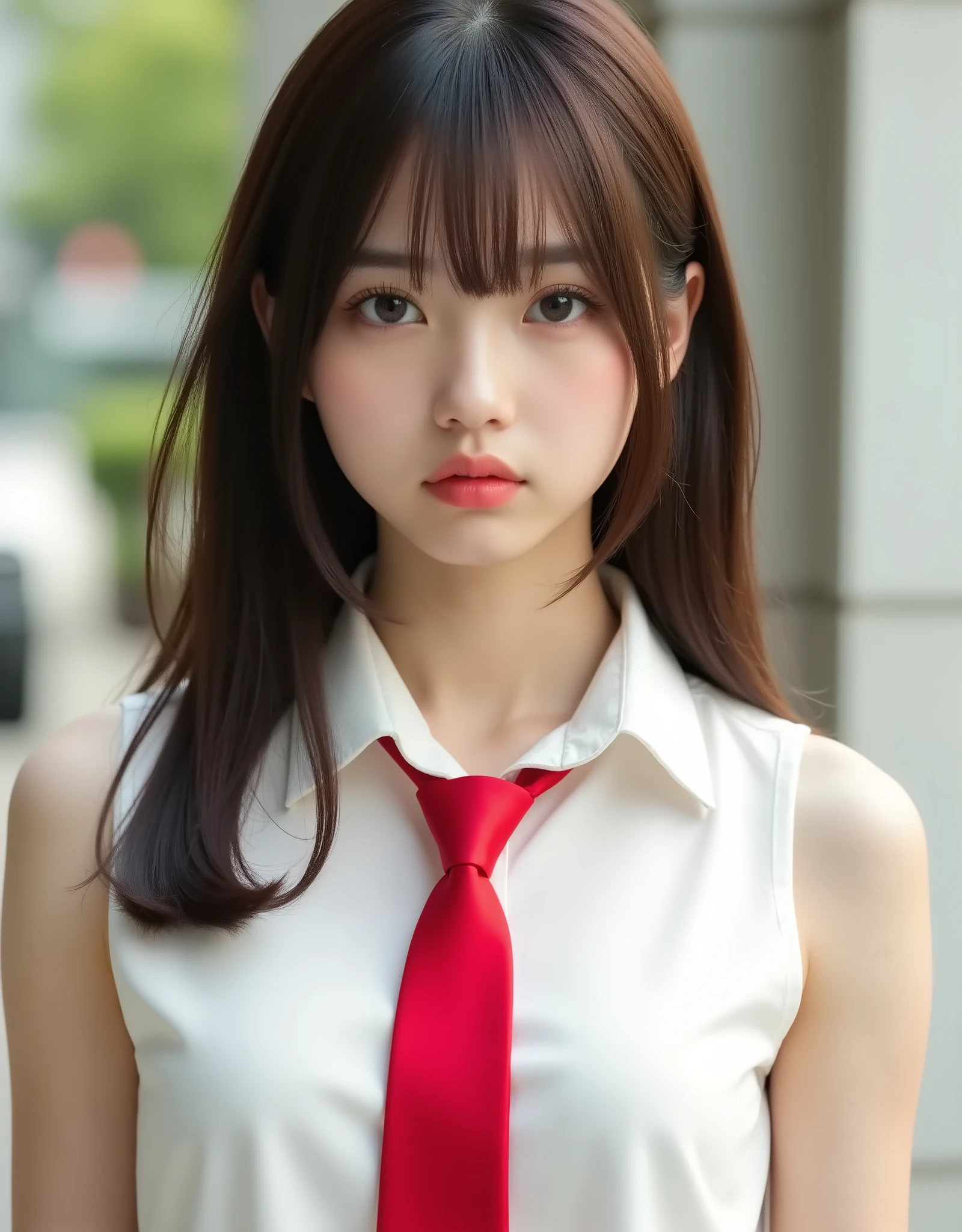  Female middle school student wearing a sleeveless white blouse and red tie to emphasize her beautiful upper arms with just the right amount of muscle and attractive shoulders to show viewers, one girl,   Very realistic skin texture、high resolution, masterpiece,  anatomically correct, number々Awards, 最 High Quality ,  high resolutionモデル,  high detail,  High Quality , retina,  very detailed,  Textured Skin, , brown hair, Front hair, long hair,  side blades , Thready hairstyle/hair, Expressive hair,  Female Middle School Student、Japan  'The best idol、break,   Charming Upper Arms ,  Shoulders 