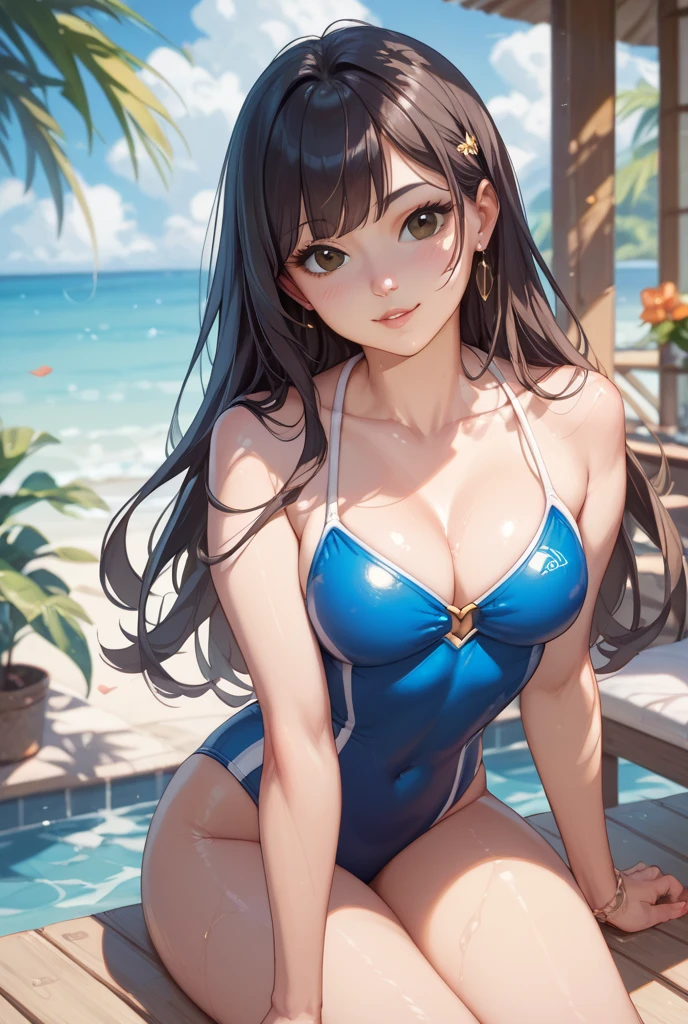  Cute beautiful girl, brown eyes,brown hair, long wavy hair , ???????????, star earrings ,cute dress, glossy lips, bracelet 