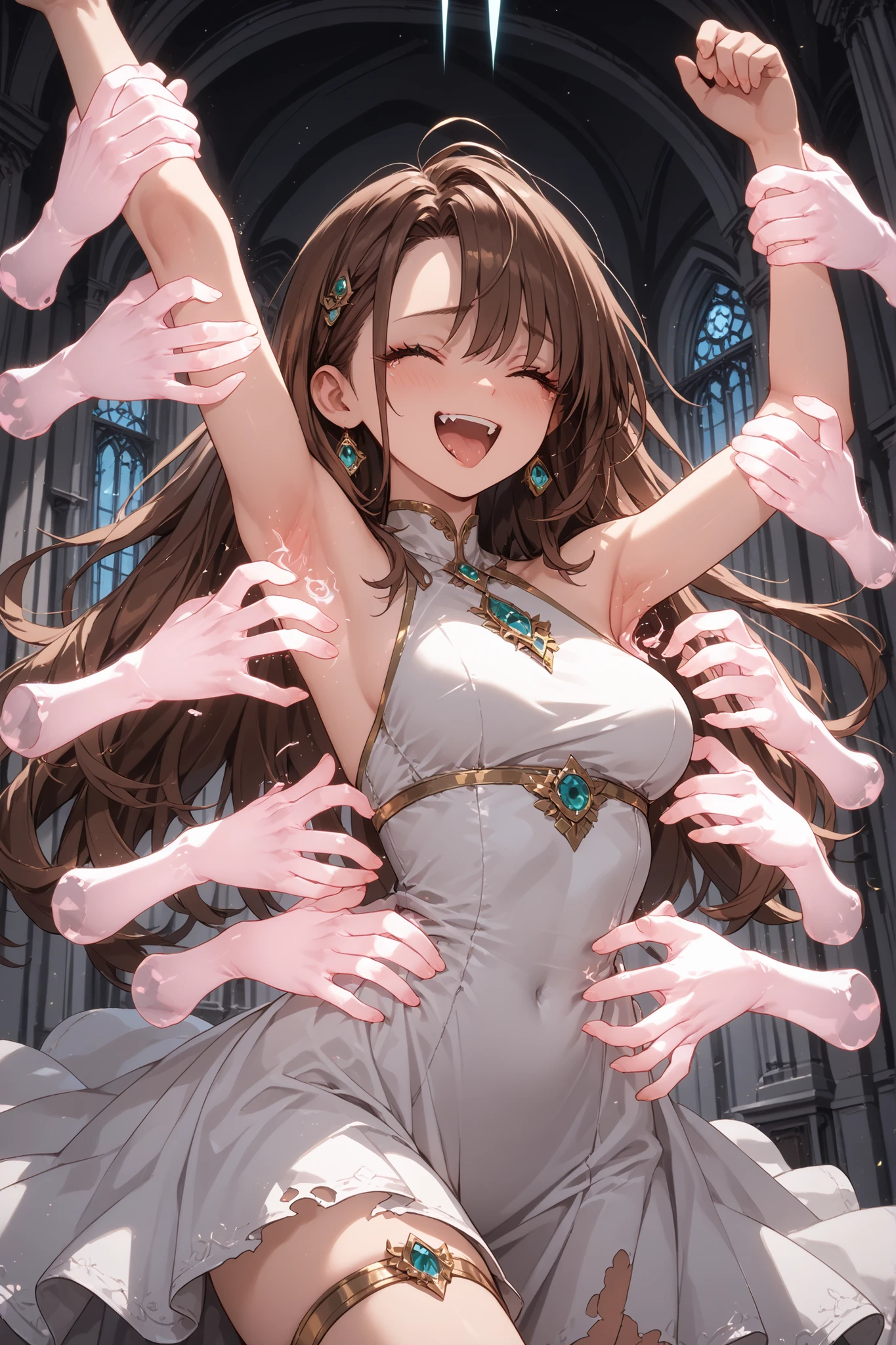 brown hair long hair、fullbody、Perfect the shape of the hand、Five fingers、perfect hands、the girl is laughing、Laughter、closed eyes,I'm so climaxing、Amazing ahegao、goddess、white backless dress、clothes are greatly torn、arched back,girls are sealed with magic,kirakira,Top Quality、The girl is being held by a ghost's wrist、countless ghost hands,ghost monsters have many arms,magic monster hands tickling,tickling waist,ghost hands grabbing another's waist、ghost hands grabbing another's wrists,tickling underarms,tickling armpits,ghost hands grabbing another's armpits,The background is a graveyard at night