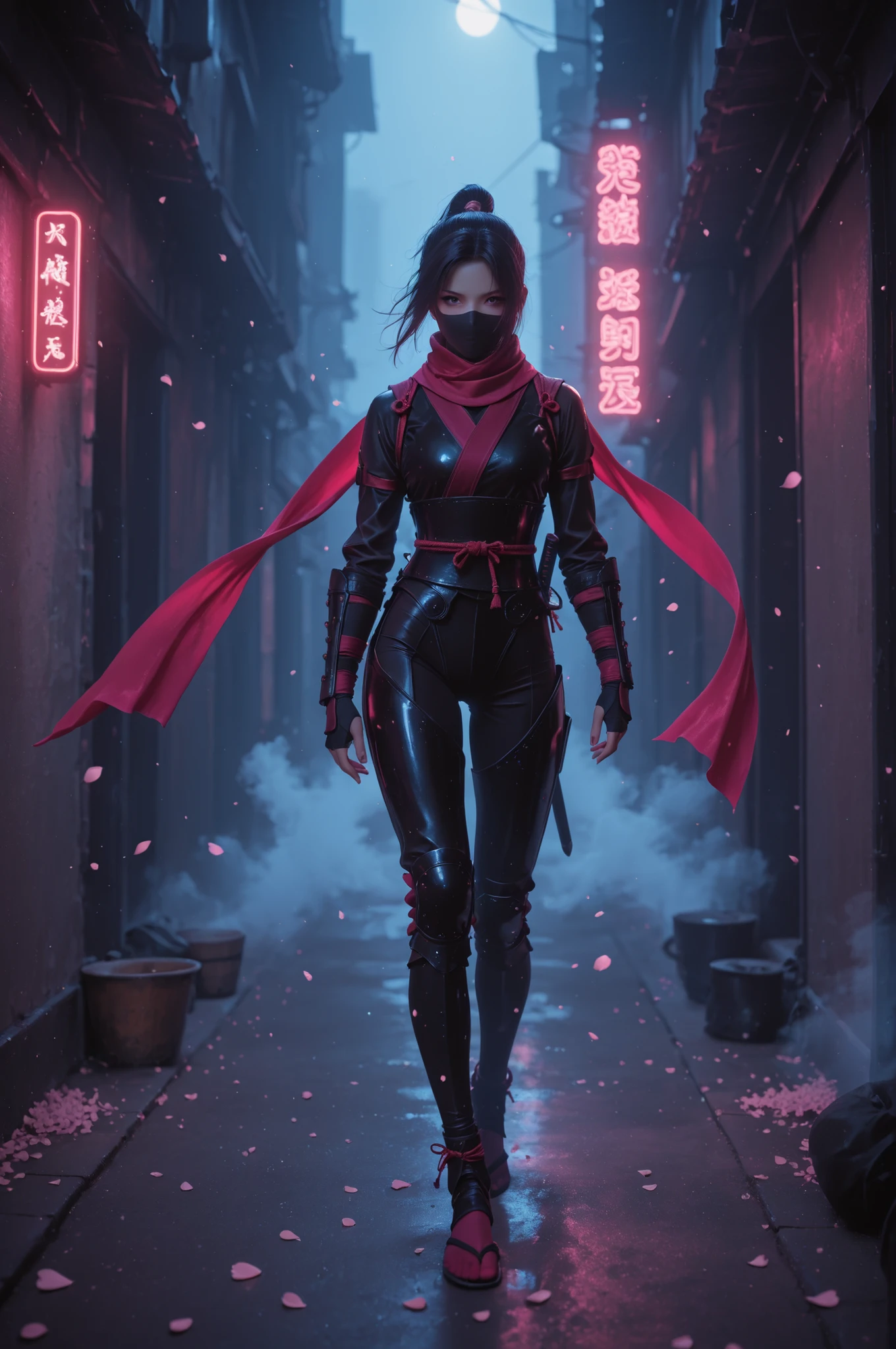 A highly cinematic portrait of a female ninja standing in a dimly lit alley under soft moonlight. She wears a sleek purple-and-red ninja outfit with detailed armor plating, fabric textures, and a flowing scarf caught in the wind. Her eyes are sharp and focused beneath a half-mask, reflecting neon lights from distant buildings. Light fog drifts around her feet, and cherry blossom petals glide through the air. Dramatic rim lighting outlines her silhouette, with strong shadows and high contrast. Subtle particles, shallow depth of field, ultra-detailed textures, 8K, dynamic pose, intense atmosphere.