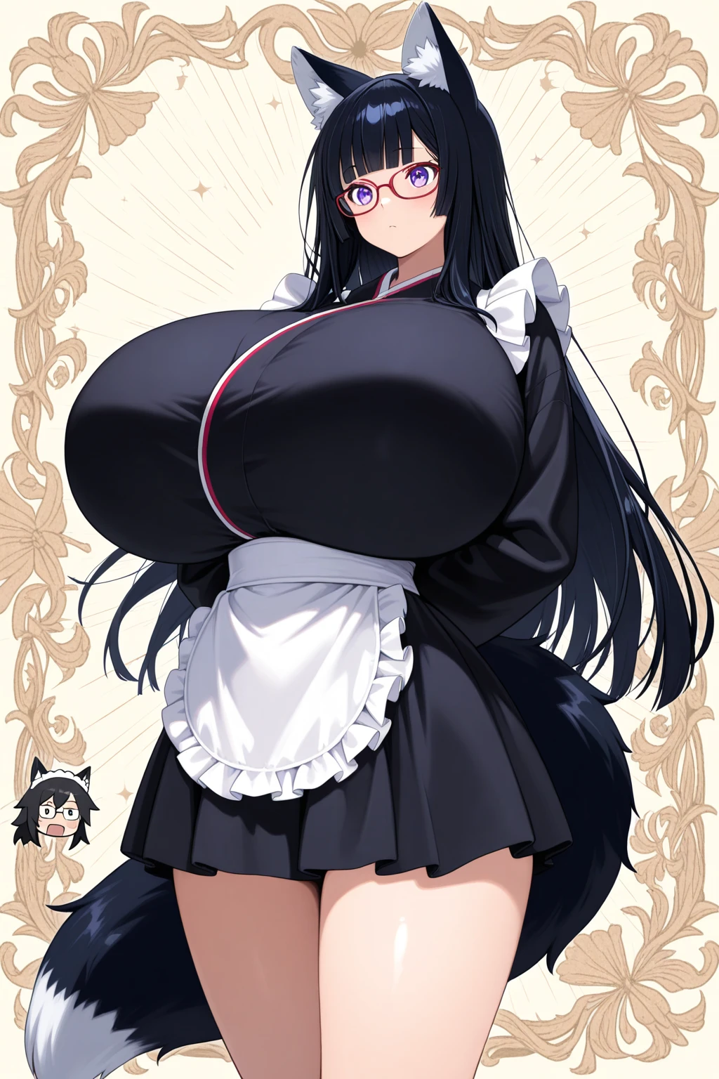 Score_9, BREAK 1girl, solo, Koyomi Mizunose, aohimo Familia style, black hair, long hair, hime cut, hair over one eye, blue eyes, glasses, (huge breasts:1.3), thick thighs, areola slip, large areola, cowgirl printed bikini, cow printed elbow gloves, cow printed thighhighs, young girl, horny, open mouth, looking at viewer, smile, blush, half closed eyes, cowboy shot, standing, bedroom,