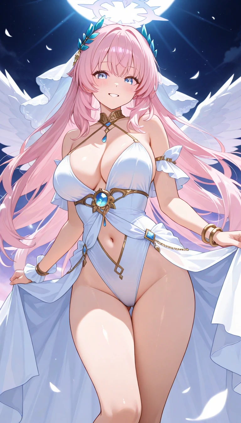 (Very thin sweet woman), detailed wavy pink hair, (soft makeup), detailed big (blue eyes), (red lips:1.1), (very blushed cheeks), wearing ( bride dress:1.3), (dress blown up), (), (in a dark church), (dark background), (at night), (very soft candlelight), dinamic light, (she is standing against the light), (her silhouette transparents through the clothes:1.1), (handcuffed to the walll), (standing), (looking at the viewer),(( abundantly flows out of her thigsh), (ashamed), (lustfully open mouth), several  on the floor, (huge breasts:1.2), (busty), (deep cleavage), (breasts bulge:1.3), (:1.2).