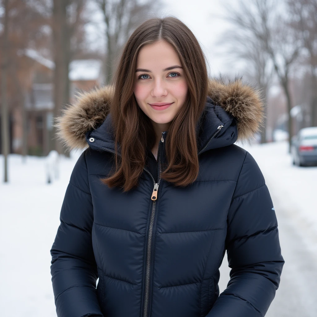 hyperrealistic beautiful busty 18-year-old teen girl with long legs wearing grey longsleeve with royal blue padded vest and black leather pants, model shooting full body photography, raven black hair with long ponytail, glasses, dark eye makeup with eyeliner,  smile, small necklace, 8K, Best quality, Meisterwerk, ultra high resolution, (Realismus: 1.4), Originalfoto, (realistische Hautstruktur: 1.3), (Filmkorn: 1.3), (Selfie-Winkel), 1 girl, Beautiful round hazel eyes and  details, Meisterwerk, Best quality, street photography on a sunny day,  with 
