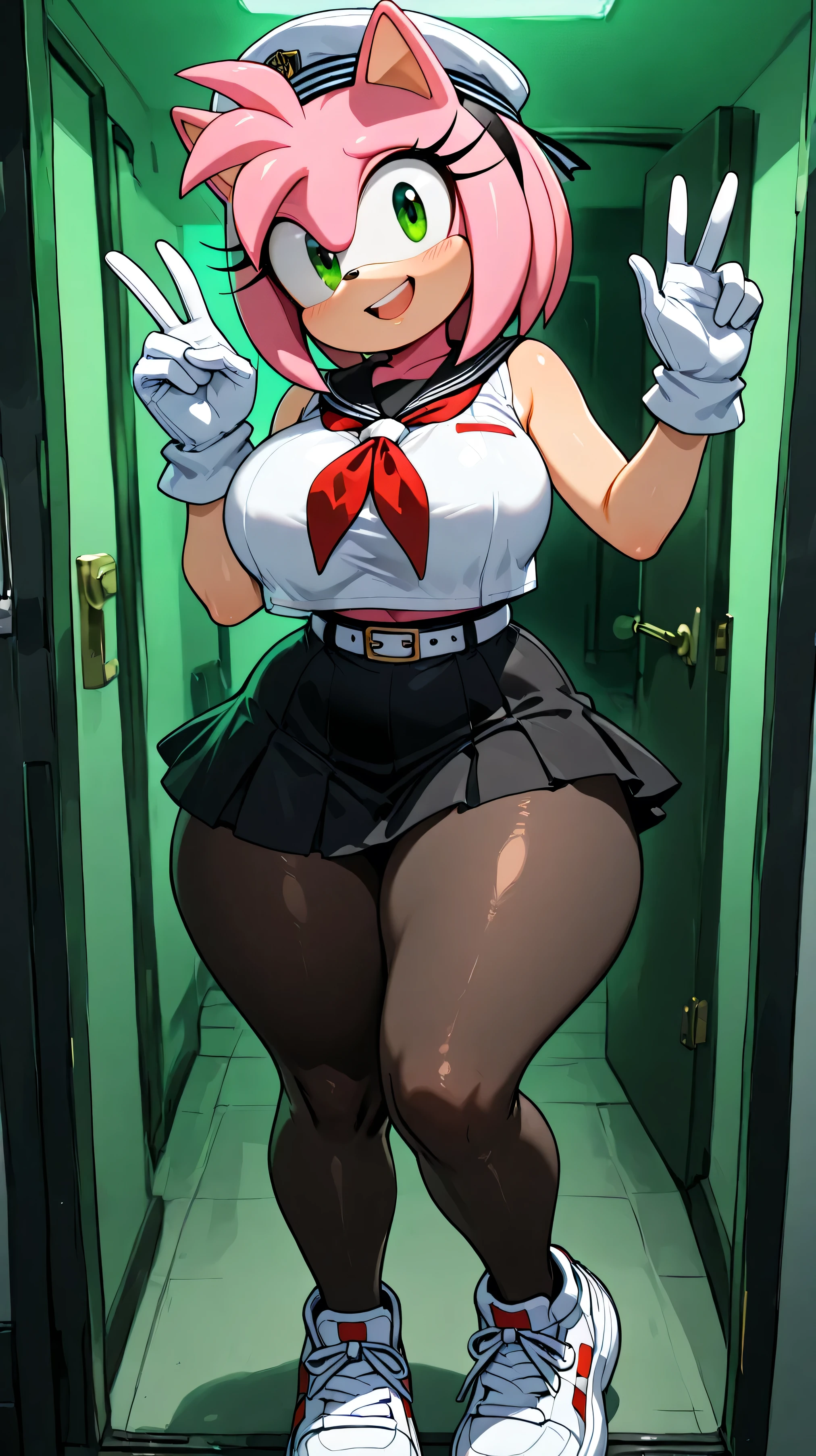 Amy rose (Sonic x),dark green eyes,posing to the camera , greeting the spectator , ,flirty look,at night ,in a room , white belt ,white gloves,thick thighs, trasero grande,,,light blue eyelids ,black tights with braces, , big thighs,big ,one arm behind ,The other with peace sign, , Black skirt ,white schoolgirl's vest ,Sailor's hat , in a room,with green lights, white sneakers with white boilers