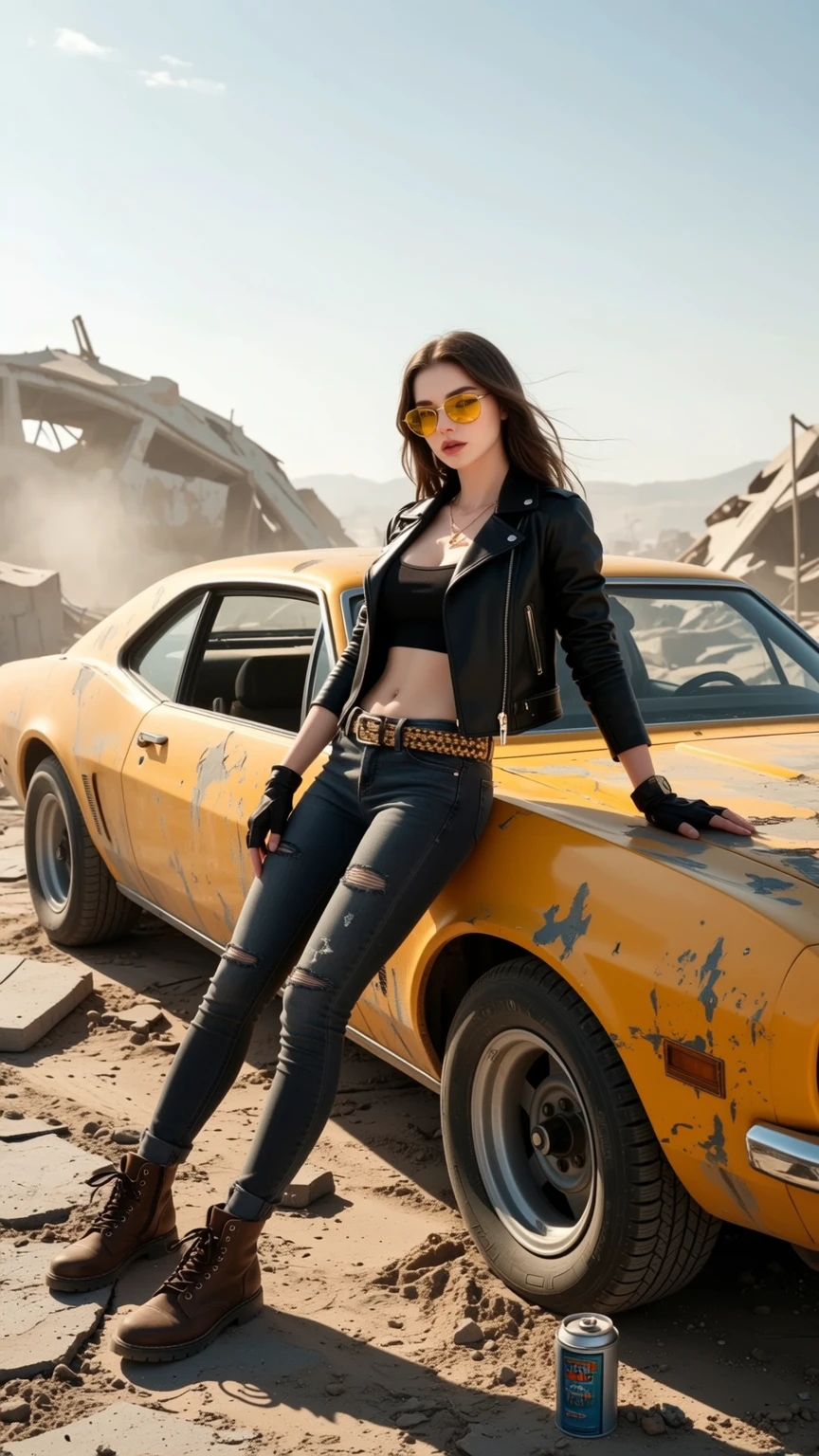 A young woman of twenty-five years old, leaning against a Dodge Charger car, looking at the horizon, black hair, tied in a long braid, almond-shaped eyes, green pupils, pale skin, slightly torn body, left arm wrapped in bands of cotton, light muscular body, wearing a black leather jacket, black jeans, white shirt, a city at night in the background, full body image, full illustration, 4k, sharp focus, watercolor, soft and smooth skin, symmetrical, soft lighting , detailed face, concept art, Octane rendering, 3D, perfect face, detailed face, delicate face, perfect sharp lips, detailed eyes. Craig Davison, Aubrey Beardsley, Conrad Roset, Aikut
