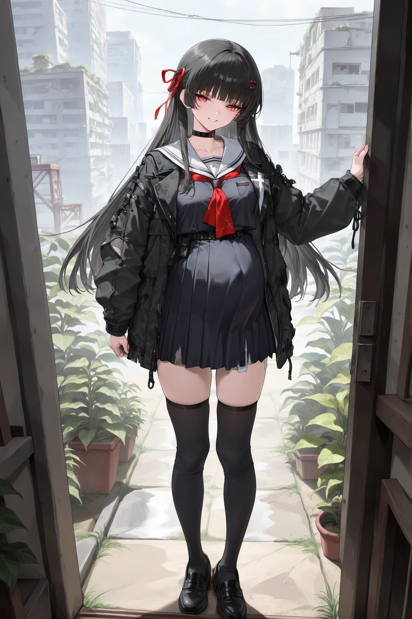 (Best quality, 4k, 8k, high resolution, masterpiece:1.2), ultra detailed, intricate details, beautiful girl, long hair, straight hair, small-medium , perfect smooth skin, head tilted, dressing up modestly, standing, at the ruins of a city full of plants,wearing a modern JK-inspired tactical uniform, sailor uniform, black pleated skirt, tactical belt with pouches, armored thigh-high socks, short bomber jacket, black school shoes, hair accessory, smile lightly, (Pregnant:1.1),(ruined uniform:1.0)