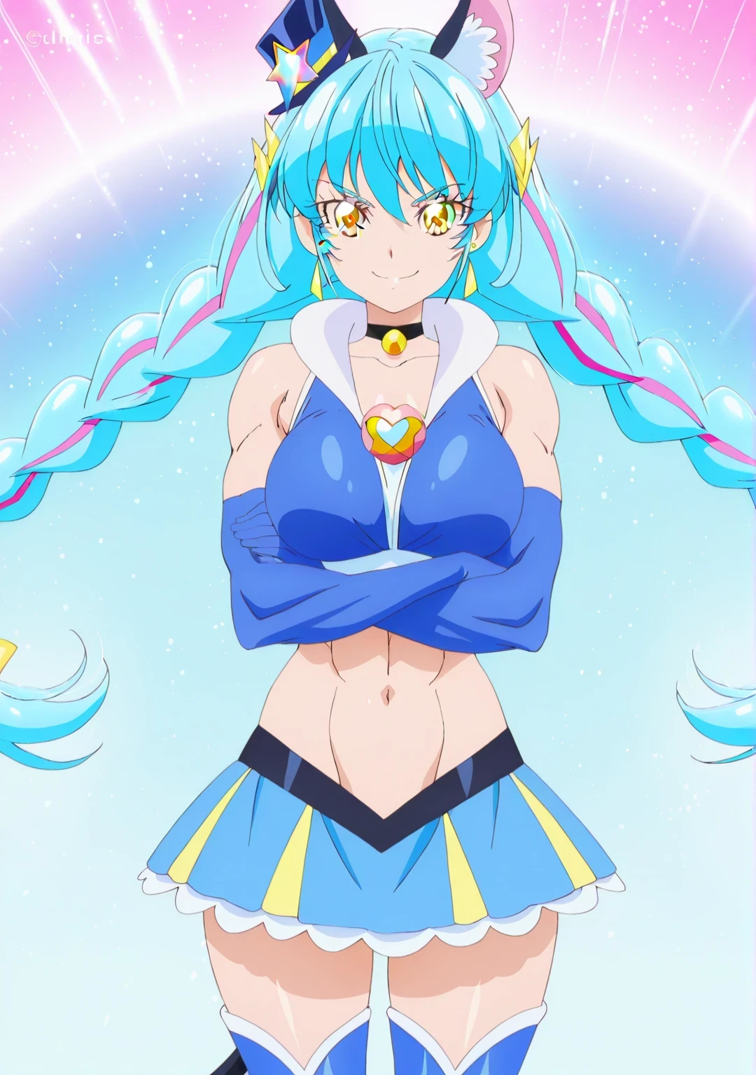傑作、Best quality、Best resolution、Best image quality、amazing quality、 very aesthetic、 absurdres、anime coloring、anime screencap、anime screenshot、very detailed、Very detailed face、Very detailed eyes、official art、official style、1girl、cure cosmo、official anime style、girl is wearing a blue dress、official art、solo、light blue hair、twin braids、long sidelocks、twin drills、floating hair、bangs between eyes、short bangs、low twintail hair、blunt bangs、orange eyes、heart hair ornament、earrings、cat ears、animal ear fluff、official art style、muscular and strong、cat tail、blue thighhigh boots、heels boots、blue dress、fur collar、black neckwear、black choker、jewelry、sleeveless dress、sexy、official anime artwork、strong muscles、rainbow colored  mini skirt、high cut skirt、anime screencap、sparking magical boy、sexy atmosphere、ultra mega super hyper sexy、male like muscles、official artwork、anime princess、official anime artwork、muscular woman、collarbone、trapezius、covered midriff、covered abs、covered navel、 covered stomach、big breasts、very large breasts、large boobs、large tits、covered biceps、covered biceps long head、covered biceps short head、covered triceps、covered triceps medial head、covered triceps lateral head、covered triceps long head、covered trapezius、deltoids、anterior deltoids、middle deltoids、posterior deltoids、covered hamstrings、covered adductor magnus muscles、official anime art、blue gloves、bare shoulders、elbow gloves、bare thighs、anime  girl、anime  girl、anime nihilistic girl、anime  girl、sexy girl、androgynous girl、nihilistic girl、lewd girl、provocative girl、naughty smile、lewd smile、provocative smile、nihilistic smile、sexy female、galaxy aura、lewd female、perfect body、perfect hands、perfect arms、perfect legs、female focus、looking at viewer、cure cosmo outfit、cowboy shot、official style、official art、dark blue background、light blue background、gradient background、two tone background、multicolored background、