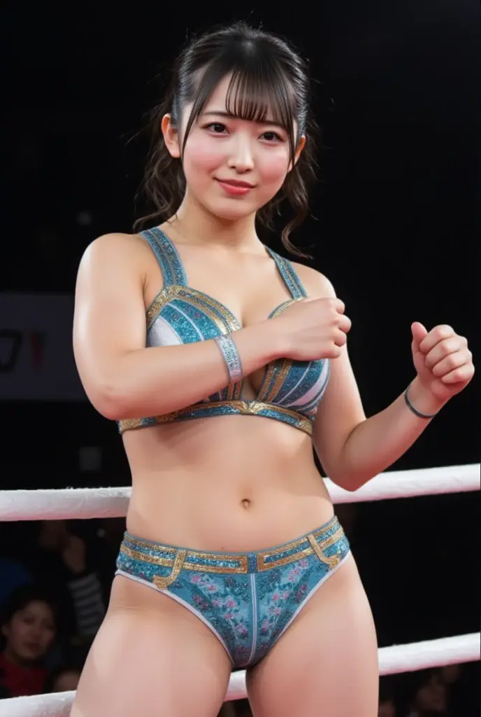 ((highest quality, masterpiece :1.3)), Photorealistic、Ultra-high resolution、Natural skin texture、Hyperrealism、Photograph from the knee up、Beautiful Japanese girl in her early teens、Professional wrestler costumes、Larger breasts、Glaring at the enemy