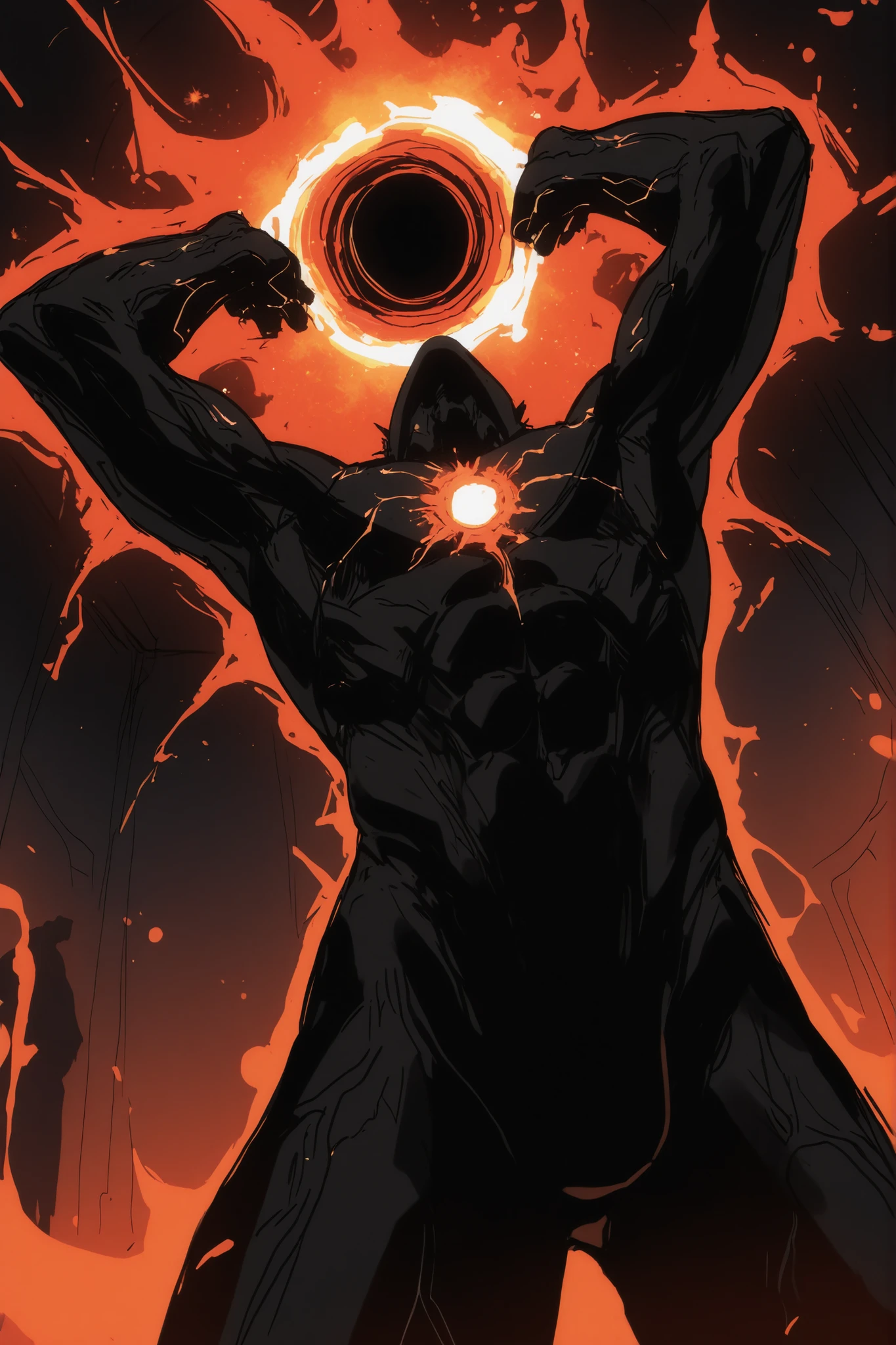 Game monster, sketch, concept art, All black human silhouette with a stellar black hole in the middle of his chest, bright color, black skin, orange and red energy, white eyes, round eyes , glowing eyes, on plain white canvas, rough, thin lines, 2d, concepts art, Masterpiece, incredible quality, perspective, dynamic pose, dynamic Dutch angle,Alone , grew old, brutal, cunning, orange energy around him, orange aura, Veins of blue energy run through his body. Energy veins, game monsters sketch, intimidating, slender body, arms above his head, making a ball of energy in his hands, perspective from below his waist, upperbody only, upperbody only