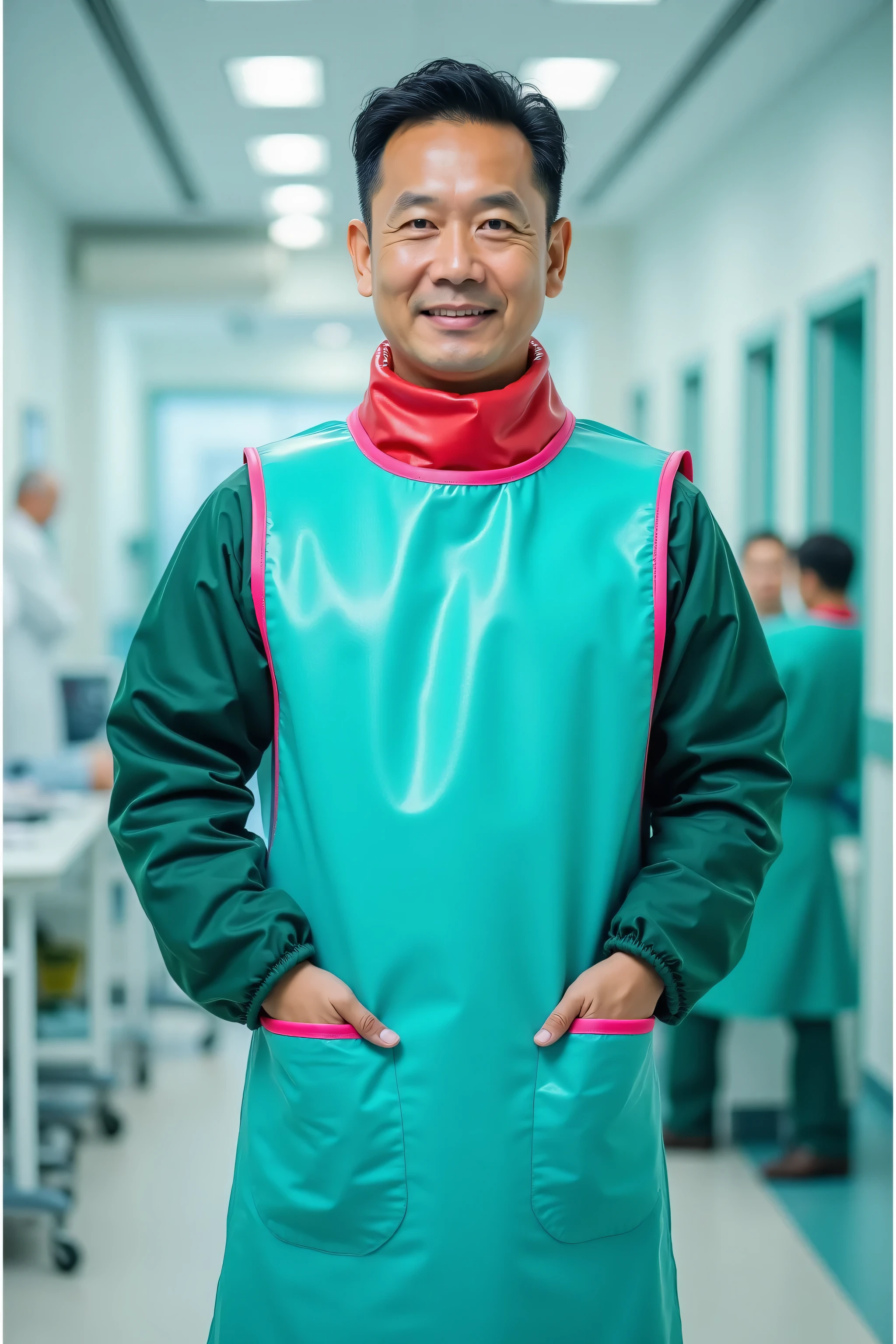 a wide angle portrait, a middle aged asian man, standing in a hospital operating room facing the camera, wearing a light turquoise lead apron made heavy polished vinyl with pink trim made of shiny vinyl, the apron consists of two piece vest and skirt, the image is taken with HDR on, the man is wearing a green nylon winter jacket, the man has a red vinyl lead thyroid collar wrapped around his neck attached to the apron by a zipper