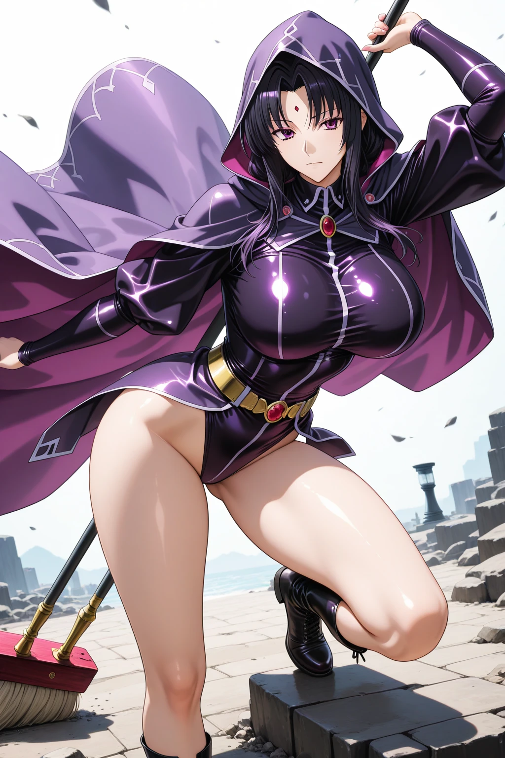 (masterpiece), best quality, expressive eyes, perfect face, Nico Robin at rocky desert, (rocky desert at night background), (standing), (smirk), (closeup view), (1girl, Nico Robin face, dark skin, tanned skin, tan, black hair, ponytail hairstyle, no bangs, brown eyes, hourglass figure, skinny body, ?????????????, ????????????, oppai, wide ????, thick thighs, ((dark purple ??????), BREAK, (black studded hip belt), (knee pad boots), (black devil horns), (dark purple gloves), (furry cape), (sholder pads)), 