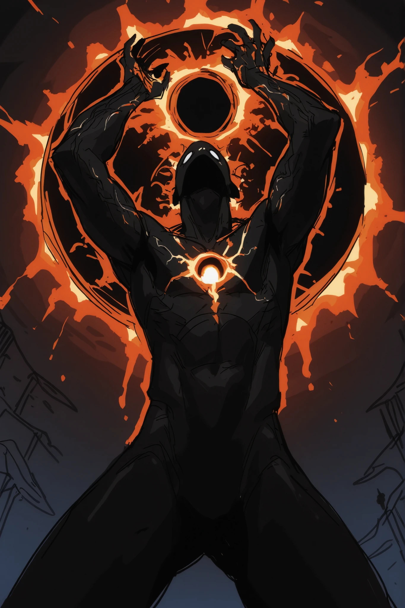Game monster, sketch, concept art, All black human silhouette with a stellar black hole in the middle of his chest, bright color, black skin, orange and red energy, white eyes, round eyes , glowing eyes, on plain white canvas, rough, thin lines, 2d, concepts art, Masterpiece, incredible quality, perspective, dynamic pose, dynamic Dutch angle,Alone , grew old, brutal, cunning, orange energy around him, orange aura, Veins of blue energy run through his body. Energy veins, game monsters sketch, intimidating, slender body, arms above his head, making a ball of energy in his hands, perspective from below his waist, upperbody only, upperbody only