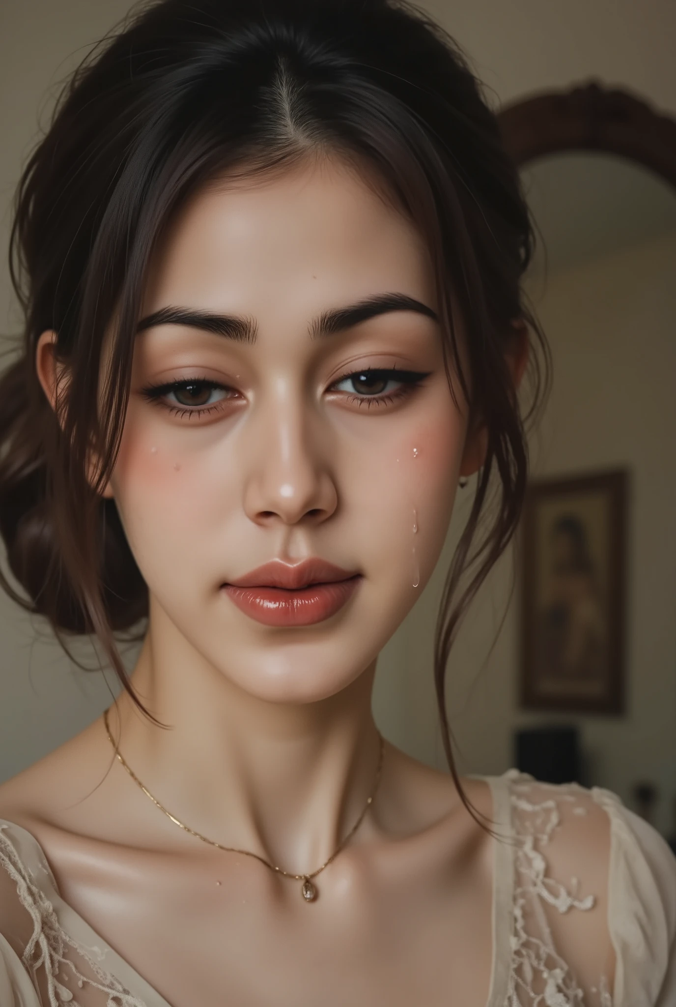 (photorealistic, high detail, RAW photo, intricate details ) f/1.4。the moment she smelled the、the expression of a young female customer。She's Closing Her Eyes、perfume, a single tear flowing。彼女but嗅いだのは、昔なbutらの「White powder(Nice )and lipstick」The scent of 。 in the background 、 fuzzy 、the image of her mother's vanity table from her childhood(Projection of Memories)but、faintly overlapping as a reflection of light。the warmth of her forgotten mother、the emotional moment she vividly recalled through the scent。