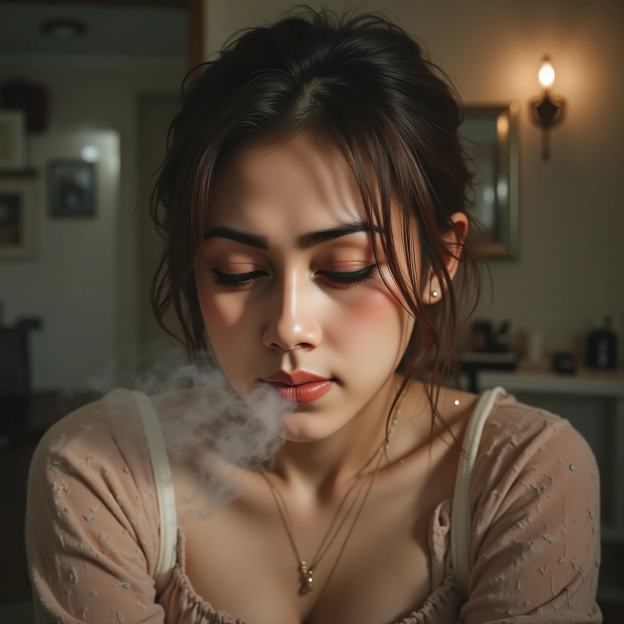 (photorealistic, high detail, RAW photo, intricate details ) f/1.4。the moment she smelled the、the expression of a young female customer。She's Closing Her Eyes、perfume, a single tear flowing。彼女but嗅いだのは、昔なbutらの「White powder(Nice )and lipstick」The scent of 。 in the background 、 fuzzy 、the image of her mother's vanity table from her childhood(Projection of Memories)but、faintly overlapping as a reflection of light。the warmth of her forgotten mother、the emotional moment she vividly recalled through the scent。