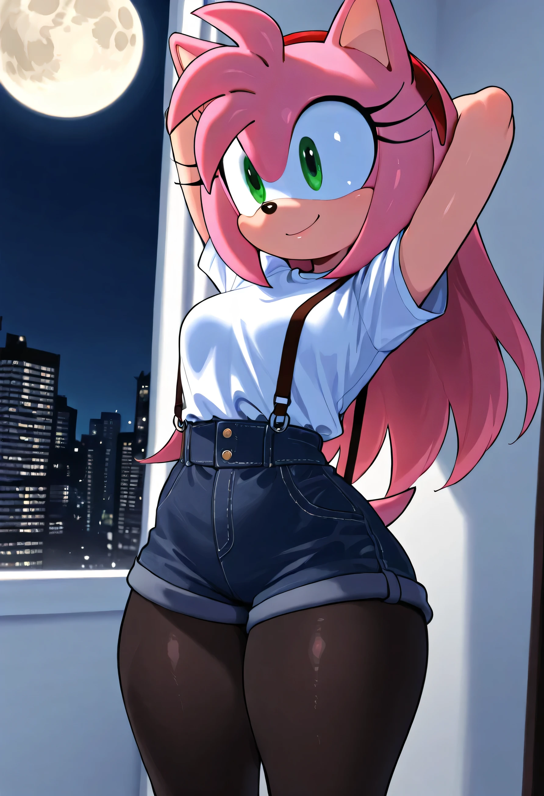 Amy rose ,,,pelaje white,small hips,ojos café guantes whites,,sostén whites,guantes whites,black stockings with straps,shorts whites,,shirt with straps,white ,  arms back ,, big thighs,in a room with a view of the city,with full moon, happy look ,Long Hair  ,  ,blushed,
