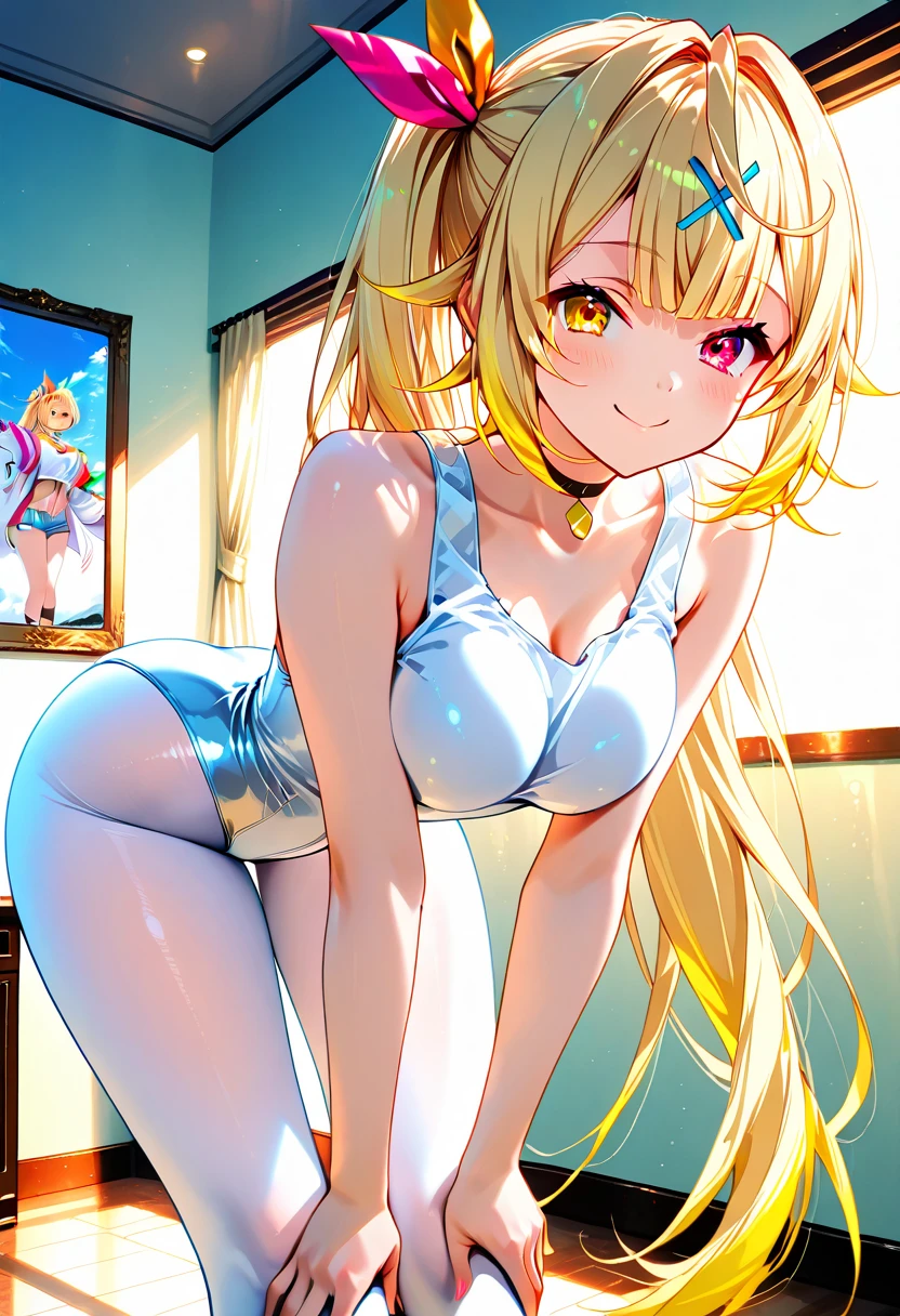 1girl,masterclass,best quality, illustration, solo, koyukibunny, ;o, one eyes closed,on bed,blush,breasts,full_body,wariza,spread legs,arm up, arm behind head, direct lighting to face