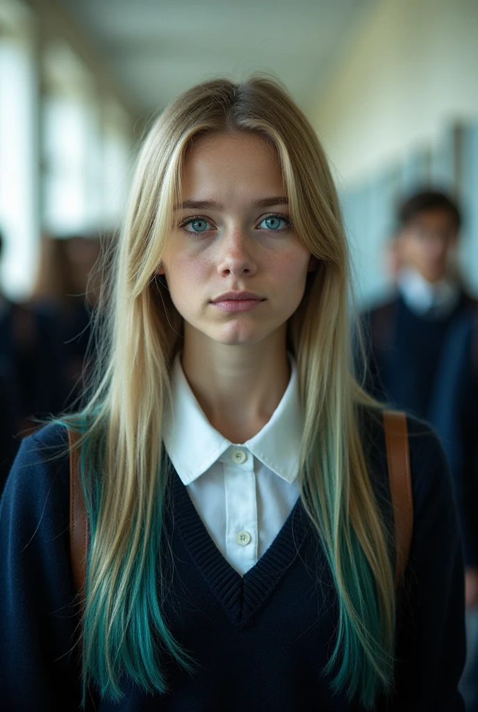 blond woman with long hair wearing green sweater and white collared shirt, a hyperrealistic , hyperrealistic , portrait of high school girl, similar to malfoy, teenage female , frown fashion model, hugh kretschmer, inspired by Martin Schoeller, erwin olaf, realistic , robin eley, eva elfie,looking down,look at the viewer,from below