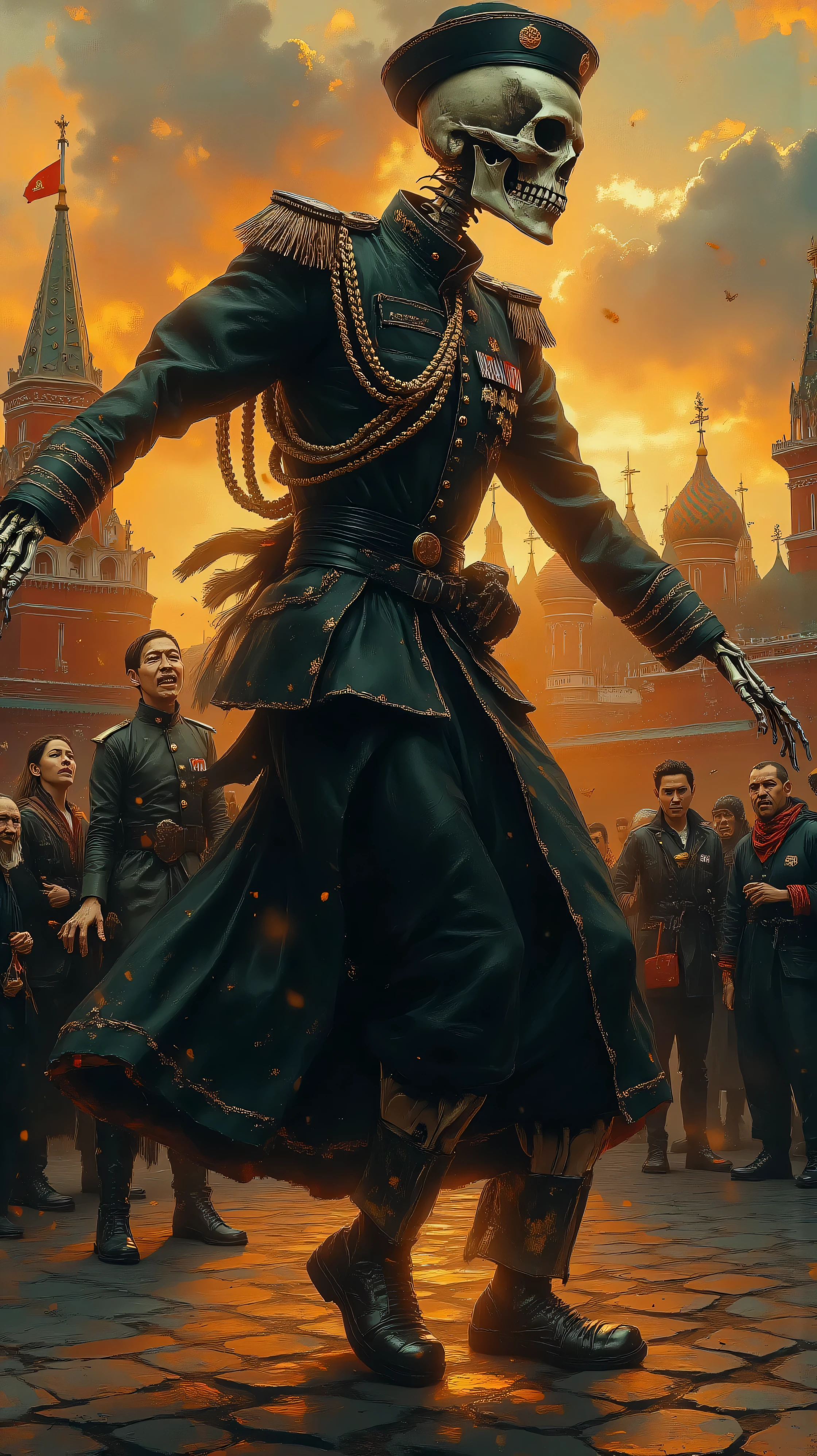 Hyper-realistic photograph, 8K resolution, ultra-detailed, cinematic lighting, shot on a professional DSLR. A skeleton wearing an authentic Soviet military uniform from 1978, dancing a traditional Russian folk dance (like trepak or kazachok) in the middle of Red Square, Moscow. The skeleton's uniform includes a Soviet Army gimnasterka tunic, pogoni shoulder boards, medals, and an ushanka hat tilted playfully. The scene takes place during a beautiful sunset with warm golden hour lighting, long dramatic shadows, and a deep orange sky. In the background, St. Basil's Cathedral and the Kremlin walls are visible. Crowds of diverse people—tourists, locals, children—are watching in amazement, some taking photos, others laughing or clapping. The skeleton's dynamic pose suggests joyful movement, with one bony arm raised and legs kicking mid-dance. Style: photorealistic, sharp focus, high contrast, vibrant colors. No surreal or horror elements—keep it whimsical and awe-inspiring."
.