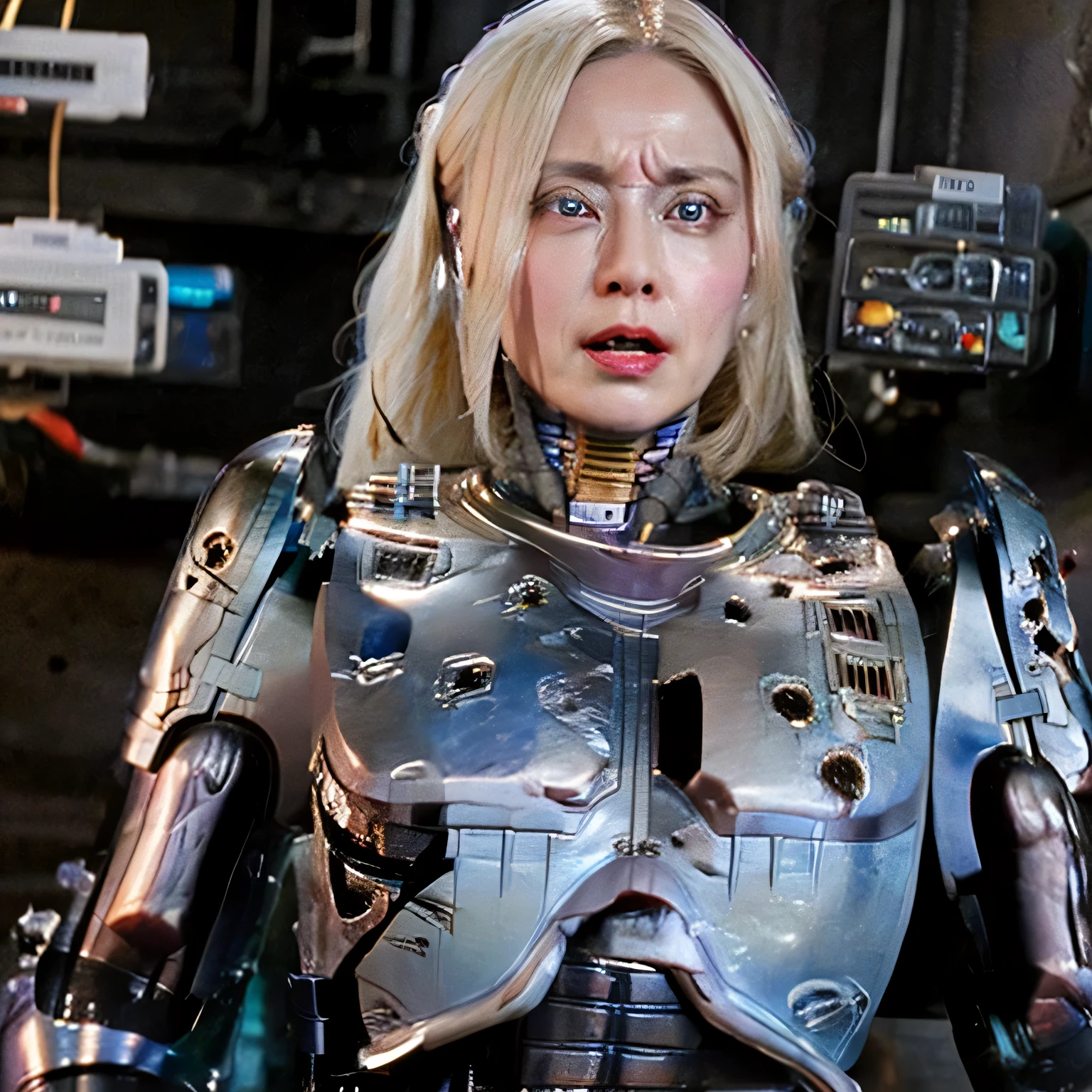 top quality、masterpiece、Robocop of a beautiful 40-year-old white woman、blonde semi-long、 mechanical ears 、stained with machine oil, metal burned, damaged, and dull, tattered metal robot body、mechanical internal structure and cut wiring visible from gaps in the destroyed body、Her entire body has been destroyed and damaged、Glamorous big breasts、has large cracks in her metal armor、Her metal arms are also severely damaged、 with an expression of pain stained with machine oil、