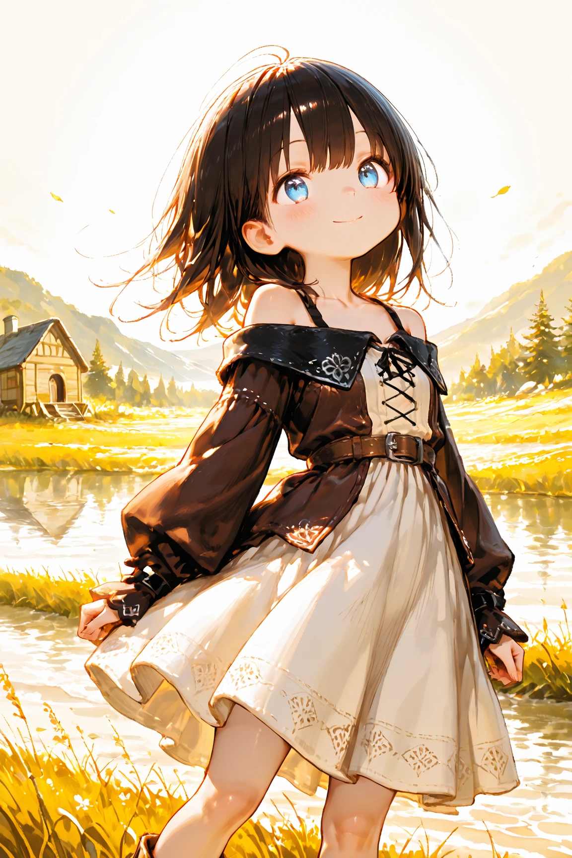 (masterpiece:1.2), (high quality:1.2), girls with((1girl, solo, black hair, yellow eyes, smiling, (wavy long hair, millitary beret, hairclips:1.3), blush, , choker, , coat, cowboy shot, blue lace dress, camisole, ribbon waist belt, black ribbon belt, red bow, red ribbon, neck ribbon, collar, collarbone, rosary, rosary choker, cross, fur, fur trim, parka, khaki hoodie, green hoodie, khaki jacket, hood down, hooded coat, hooded jacket, hoodie, jacket, large , long sleeves, , , ,open hoodie, sleeveless, winter clothes, zipper, , upper body, hand up, waving, palm)), background with((architecture, blue sky, bush, castle, village, no humans, cloud, cloudy sky, day, field, garden, grass, hill, house, lamppost, landscape, mountain, mountainous horizon, nature, no humans, outdoors, scenery, shrine, sky))