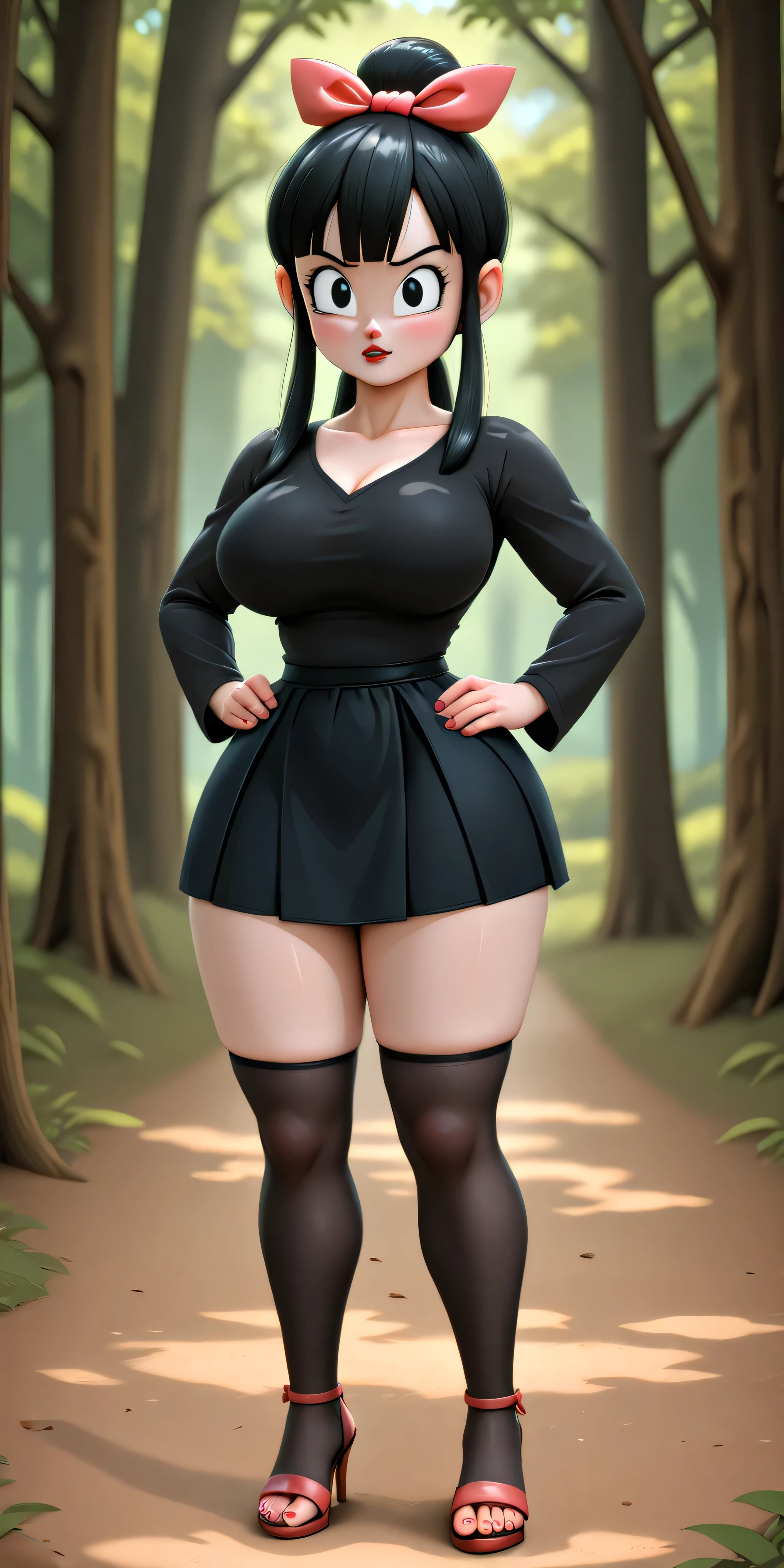 (( anime style )) . [ch1ch1   ]  (dragon ball), Alone, ((black hair)).  ((Jinustyle bow hair style .)) side locks, ojos negros, Red lipstick, half-open lips. ((Black satin shirt:1.5), long sleeve, (( pronounced V-neck )). [big breasts]. wide hips. thighs and wide legs. (((Shiny black pencil skirt))), ((Wide side slits)), ((garters and black tights)) . Red sandals with high heels and open toe. Standing, cara feliz y excitada, detailed background, forest, Dappled light, vista frontal. hands on hips, legs spread. pose sexy sensual. perfect anatomy.