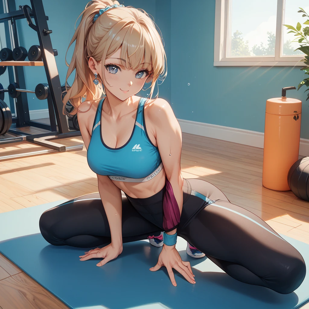 a small youthful young Milly Allcock as a short young girl, freckles, short blonde hair, green eyes, flat chest, doing yoga, dressed in an oversized loose fitting cyan top and tight black yoga pants, camel toe, on a yoga mat