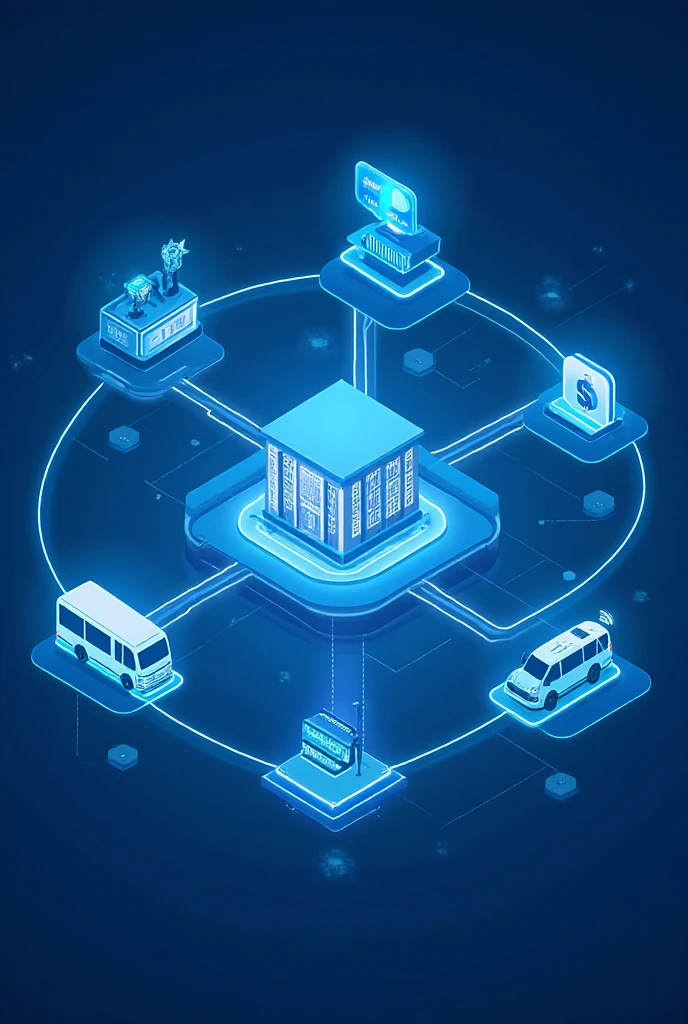 A high-end corporate ecosystem illustration showing a SCHOOL as the central hub, connected through elegant curved neon lines to five distinct entities: a PARENT (user/person icon), a TRANSPORTER (school bus icon), a MICROFINANCE PROVIDER (currency/credit icon), a UNIFORM SUPPLIER (shirt icon), and a STATIONERY SUPPLIER (pencil + notebook icon). Use a futuristic blue enterprise color palette, smooth gradients, soft ambient glow around nodes, geometric vector shapes, clean edges, isometric influence, modern SaaS branding aesthetic, no text, no labels, transparent background, ultra-professional, symmetrical, balanced composition, minimalistic but premium visual identity. --ar 16:9 --style 6b --quality 1.5 --transparent