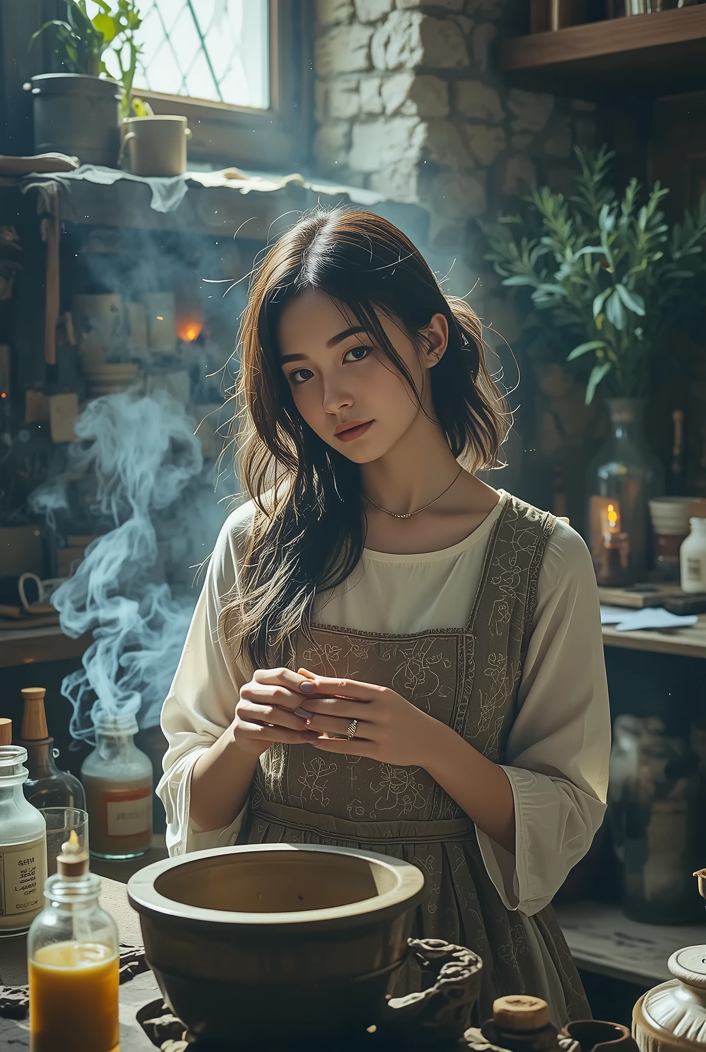 Beautiful blonde perfumer in a medieval stone workshop, sunlight streaming through leaded glass windows illuminating her focused expression. She wears a richly detailed period dress with embroidered sleeves rolled up as she works with mortar and pestle grinding aromatic ingredients. Her workspace surrounded by labeled ceramic containers, bundles of lavender and rosemary hanging to dry, beeswax candles providing additional warm light. Cinematic wide shot capturing the atmospheric stone architecture, dust particles visible in light beams, photorealistic textures, professional photography with perfect exposure.