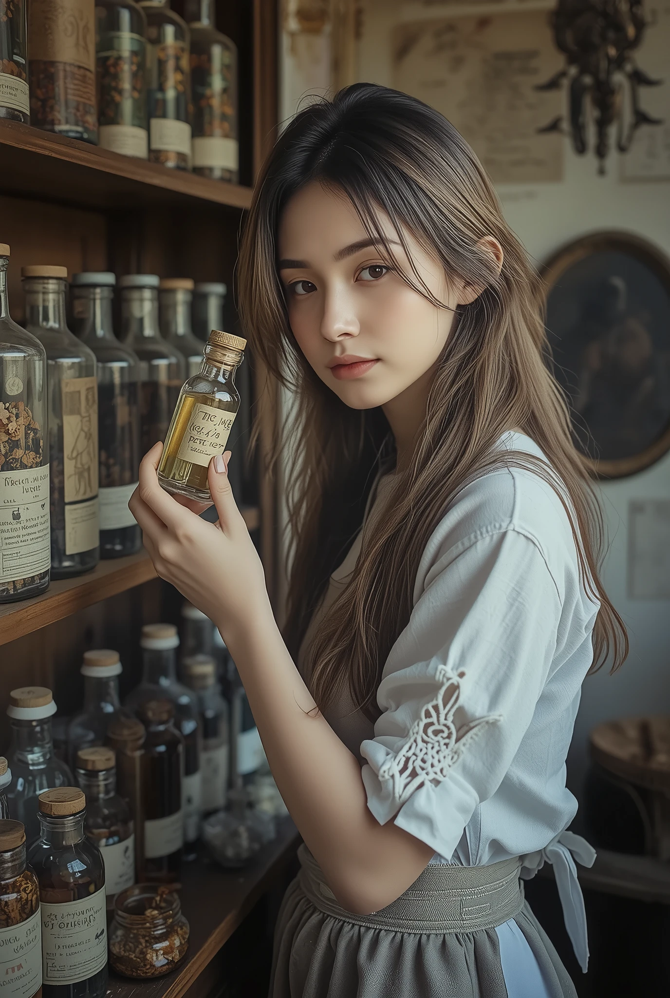 Ethereal blonde perfumer in medieval setting, standing before a wall of ingredient-filled jars in her fragrance workshop. Her hair gleams in the soft directional light as she holds a small glass bottle up to examine its contents. She wears a period-accurate linen dress with intricate bodice and apron stained with botanical pigments. Workshop filled with alchemical equipment, dried flowers, and handwritten recipe scrolls. Cinematic composition with Renaissance painting aesthetic, photorealistic details of glass and metal implements, professional photography with film-like color grading.