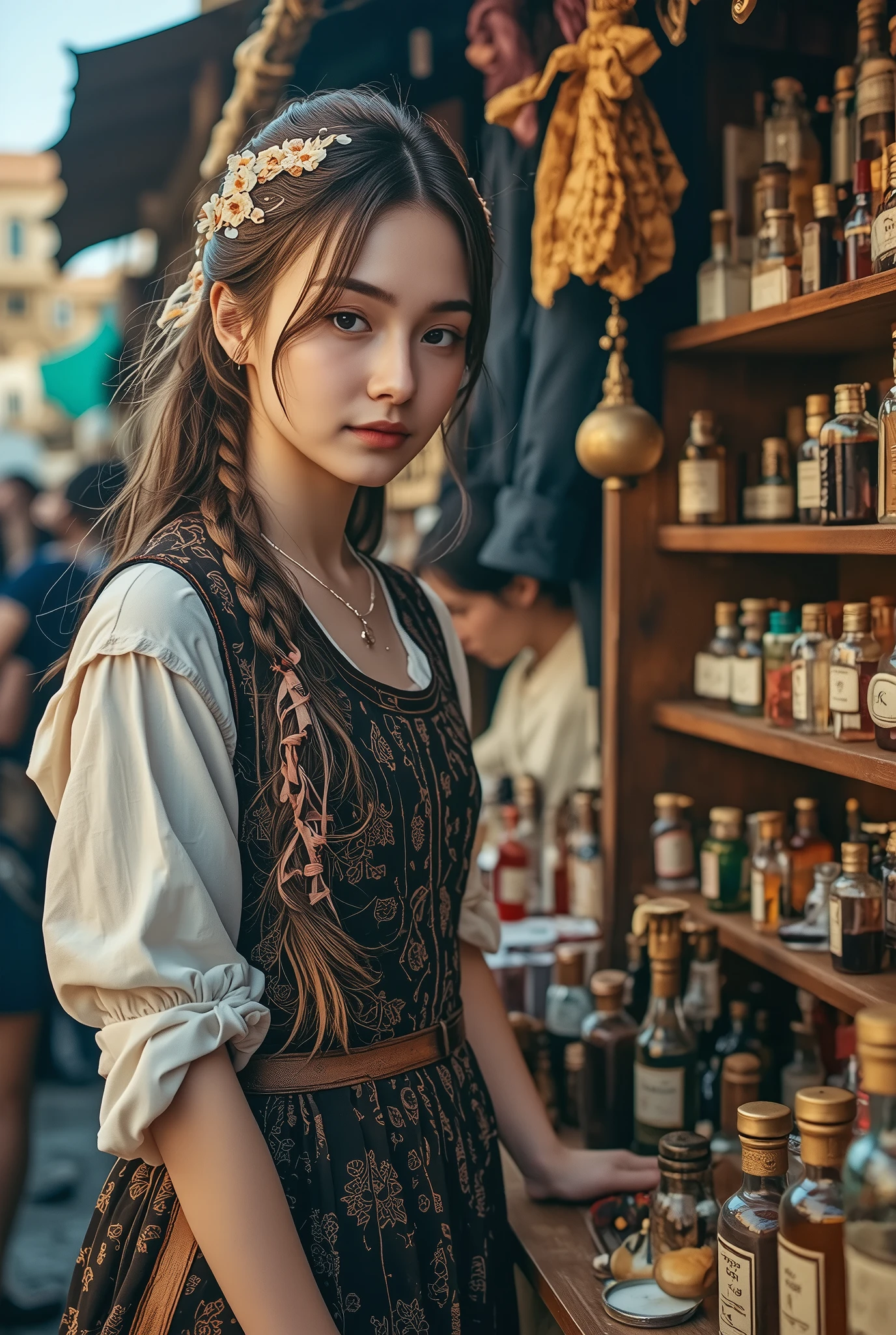 Striking portrait of a beautiful blonde medieval perfumer in a marketplace stall, selling her handcrafted fragrances. Her hair braided with ribbons, she demonstrates scents to a noble customer. She wears a detailed period costume with layered fabrics and a belt holding small tools of her trade. Stall decorated with colorful glass bottles, dried flower garlands, and brass scales. Cinematic wide shot capturing the bustling medieval market atmosphere, golden hour lighting creating dramatic shadows, photorealistic textures of fabrics and aged wood, professional photography with perfect composition.