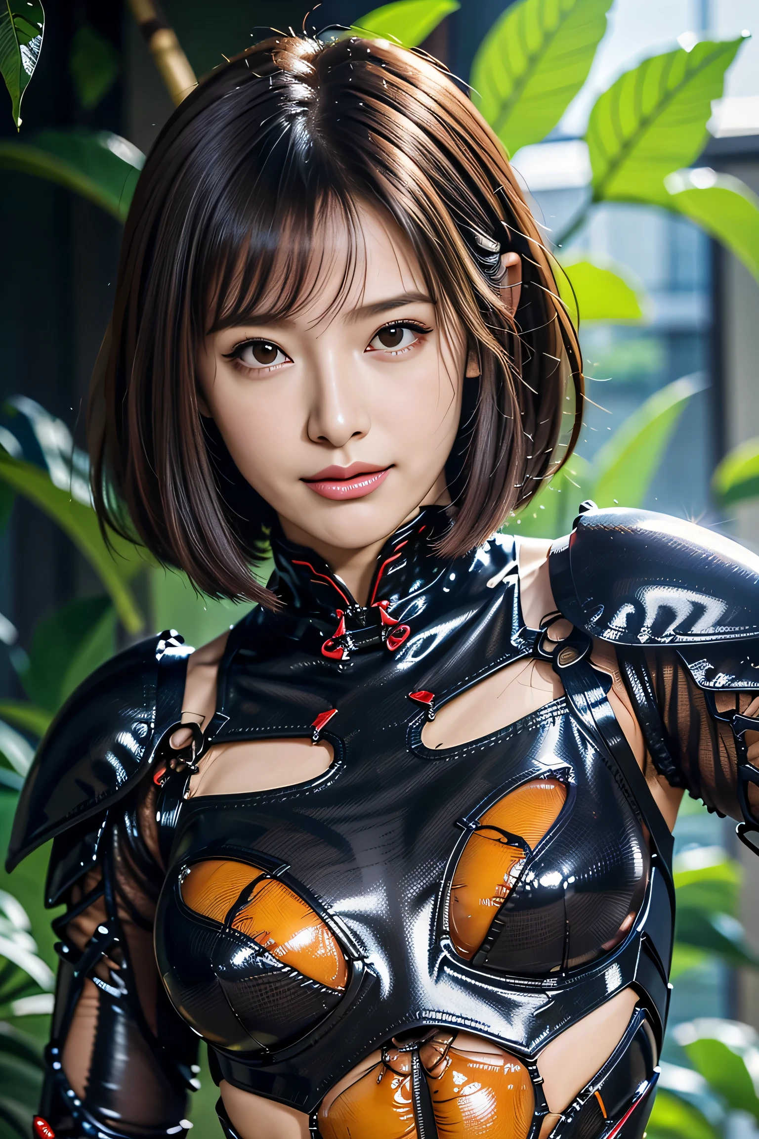 masterpiece、 best quality、 high resolution、 more details、Super Shiny、Oily luster、ゴキブリと女性のFusion、 female cockroach morphology 、Cockroach woman 、Fusion、Operation Alone、 gals、 Perfect Female Ratio 、 evil smile、 cute、Cockroach Antennae 、ゴキブリと外骨格スーツのFusion、 dark mahogany skin 、Short Hair、Crustaceans、 arthropod 、 enemy hideout background 、 evil organization style background