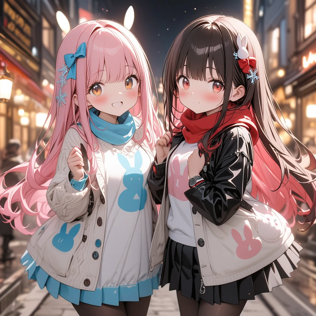 mastute piece,Best Quality,insanely detailed,8k cg,,
shoot upper body,
2girls,line up in a row,looking at viewer,body in front,standing,(white blouse shirt),break,(blue long skirt),break,(white tights), 
BREAK,
blush,shy, face,gasping,(trembling:1.2),pink long hair,break,open mouth,(neon street:1.3),(love hotel:1.3),night,