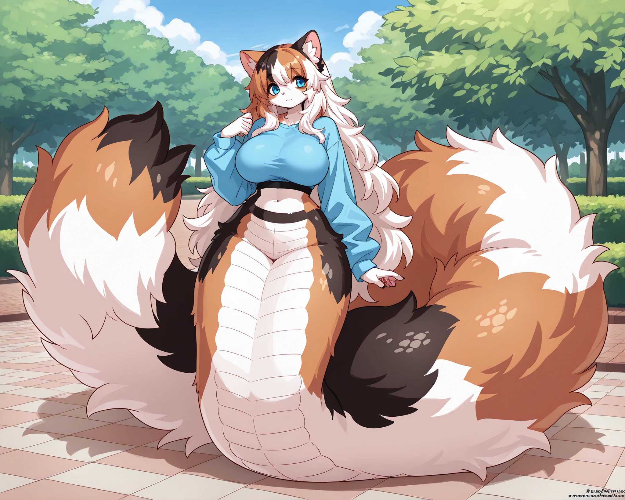 source_furry, best quality, highres, detailed character, detailed clothing, (masterpiece, detailed:1.2), 1girl, anthropomorphic calico cat, anthro calico cat, blue eyes, lamia, ((fluffy calico scales)), wide hips, (very long thick fluffy calico snake tail:1.5), full body, blue long sleeved crop top, solo, fluffy, large breasts, kemono, cute, park,