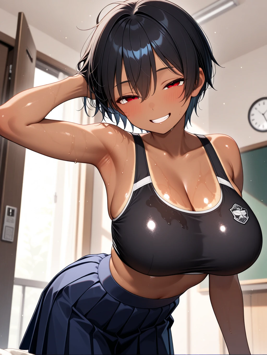 1 hot girl, very dark skin, black eyes, grin, gorgeous, african, short bob, school girl, young teen, tight tank top, panties, closeup, at locker room, teasing, , shortstack, hands behind head, armpits