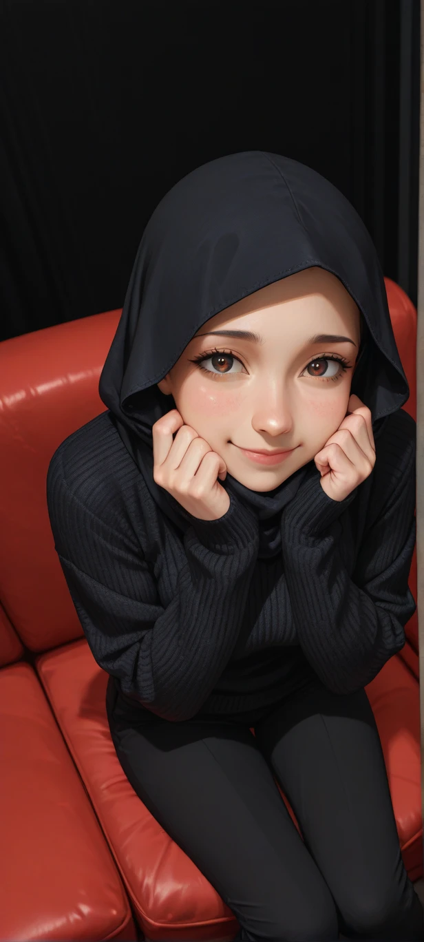 (1 girl), sitting on a chair, office desk, in an office, ((wearing hijab, wearing shirt, wearing long pants)), shot from below