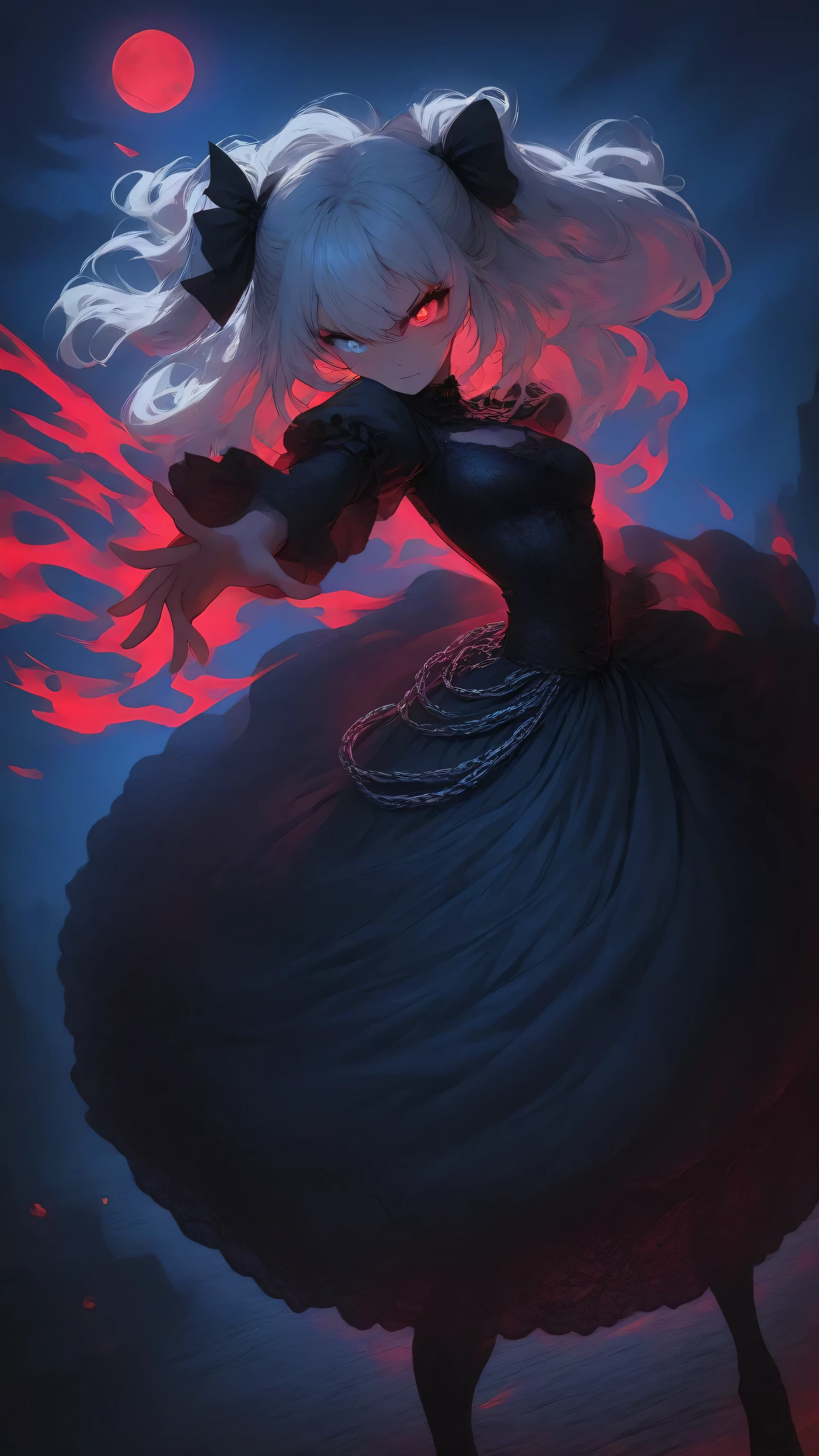 cute girl, silver hair, two side up, long hair, intricate lace dress, frilly sleeves, heterochromia, red and blue eyes,
gothic outfit, black frilly dress, masterpiece, best quality, ultra-detailed,
Les-Chaînes-de-Sang,
glowing red chains swirling around her body,
long red chains extending upward into the sky,
chains reaching all the way to the full moon, connecting to the moonlight,
a lone moonlight catcher standing on a high cliff at night,
strong backlight from the moon behind her,
silver particles floating, drifting mist, star-filled dark blue sky,
ribbons of red light pulled toward the moon along the chains,
wind blowing her dress and hair, dynamic pose,
dramatic angle,(dutch angle:1.5),