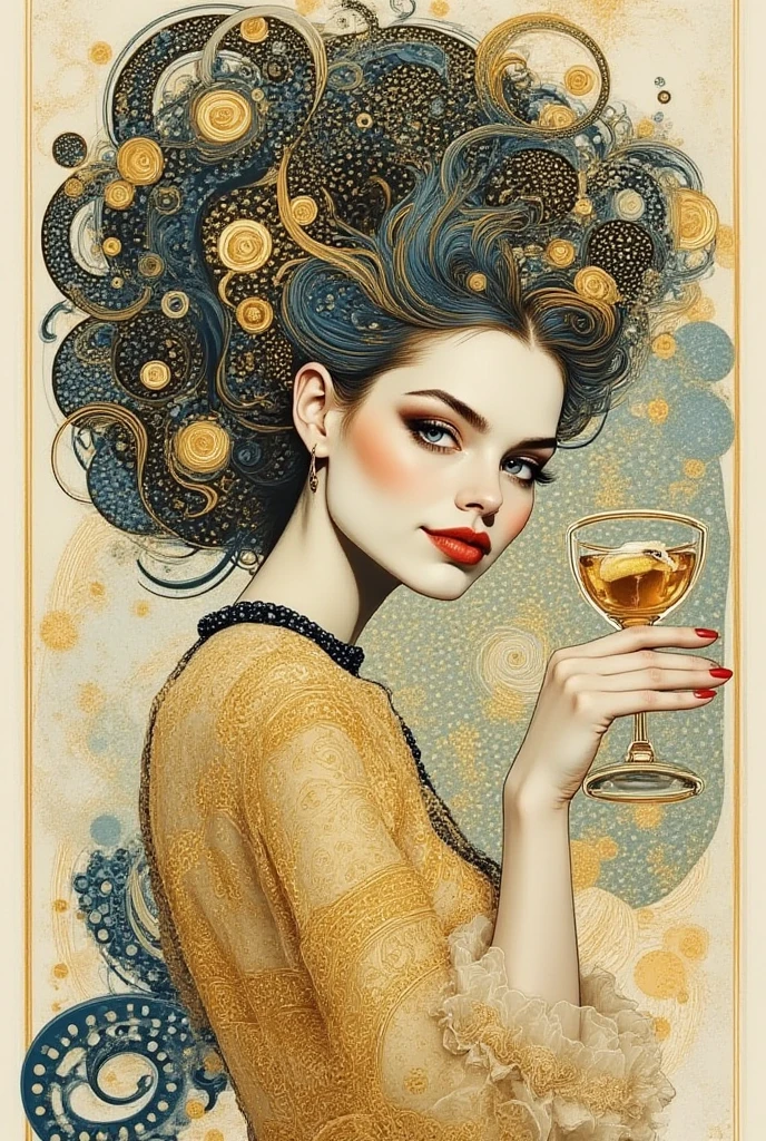 three women have fun and dance, each holding a cup of liquor, luxurious cups(art inspired by Brian Froud and Carne Griffiths and Wadim Kashin, intricate details, oil)
