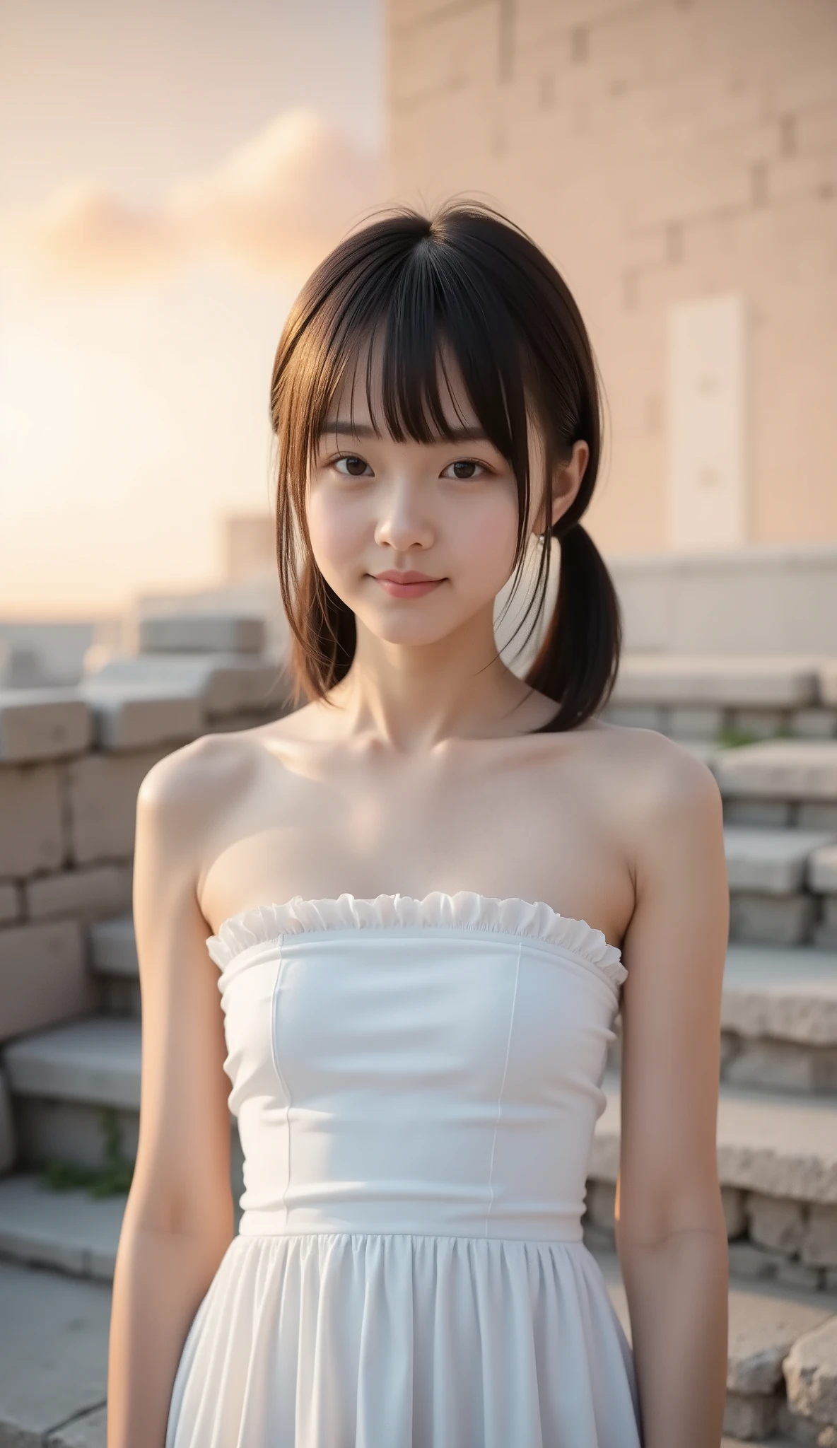 (【8k), (Best Quality), original photo, (Photo-realistic:1.4), Very Detailed, very cute Japanese girl,( is very thin), (a very short, Narrow shoulder girl), ((Double Ponytail)) ,  Gentle Smile, ((she is wearing a long white dress)), long white lace dress,standing on the stone steps of the Parthenon,   Beautiful sunset ,UHD, close up