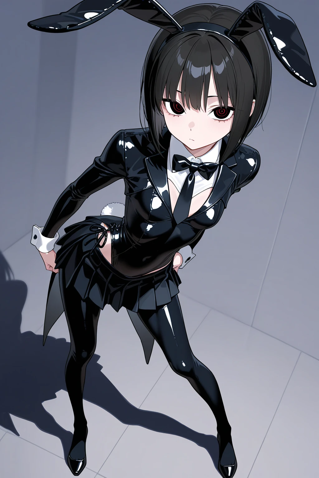 Women, black blindfolds, small smile, White shirt, short black skirt, metallic boots, black knuckleless gloves, short black hair.
