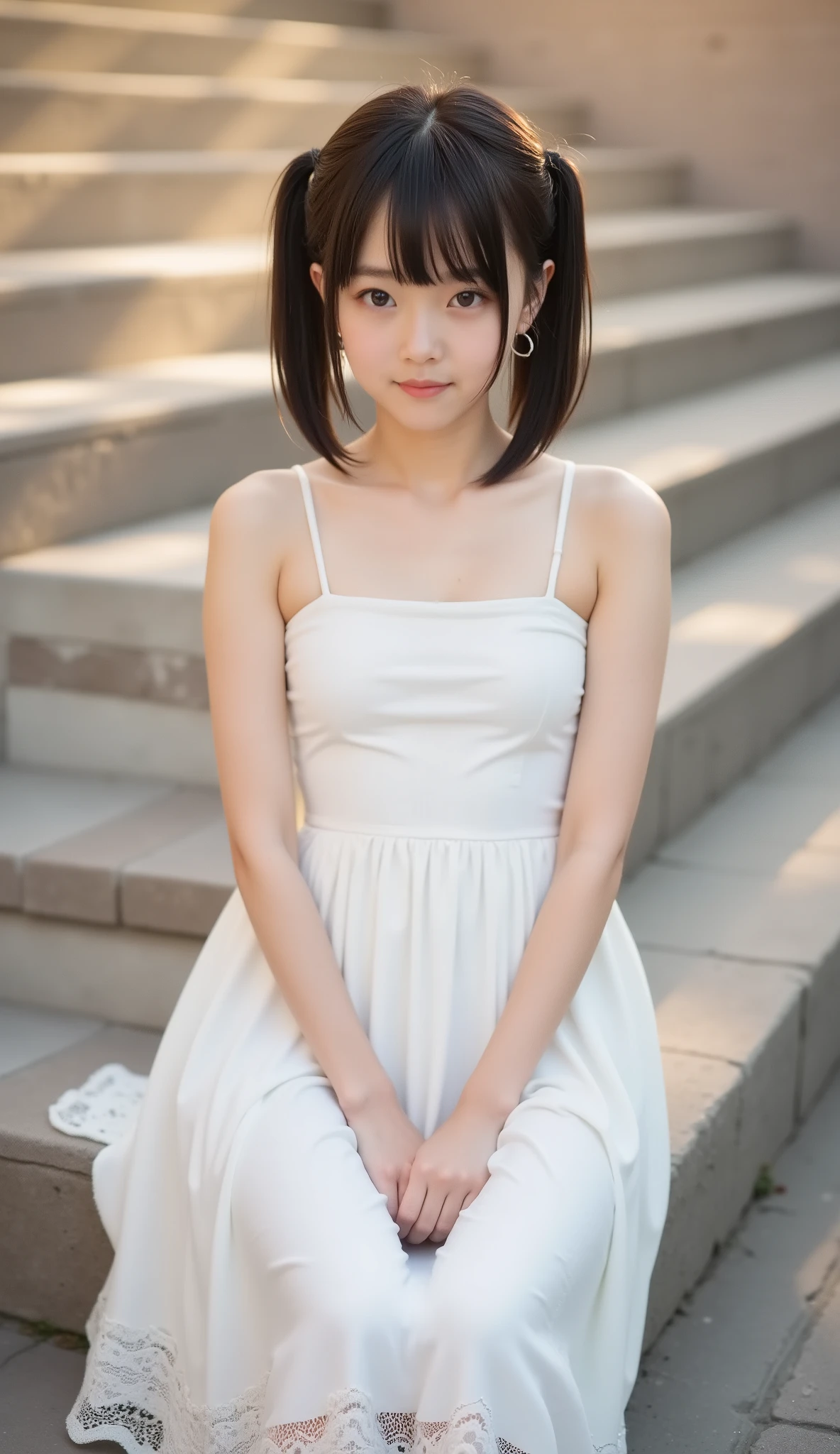 (8k, Best Quality, RAW photo, photo realistic:1.4), very detailed, UHD, (very cute Japanese girl), (very thin), (narrow-shouldered), ((dark twin tail hair)), gentle smile, ((wearing a white spaghetti strap cloth dress with a long lace hem skirt)),
sitting on the edge of stone steps, body facing forward, hands resting on lap, relaxed pose, looking up slightly at the camera, beautiful sunset glow, warm atmosphere,