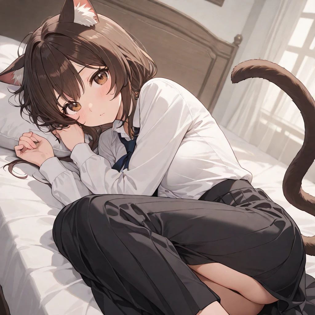 there is a woman that is laying down on a bed，The bed was covered with white sheets,[ 4 k digits， white cat girl, cat woman, Attractive cat girl, pixiv 3dcg, guweiz masterpiece, beautiful anime catgirl, anime catgirl, Smooth anime CG art，There is color，