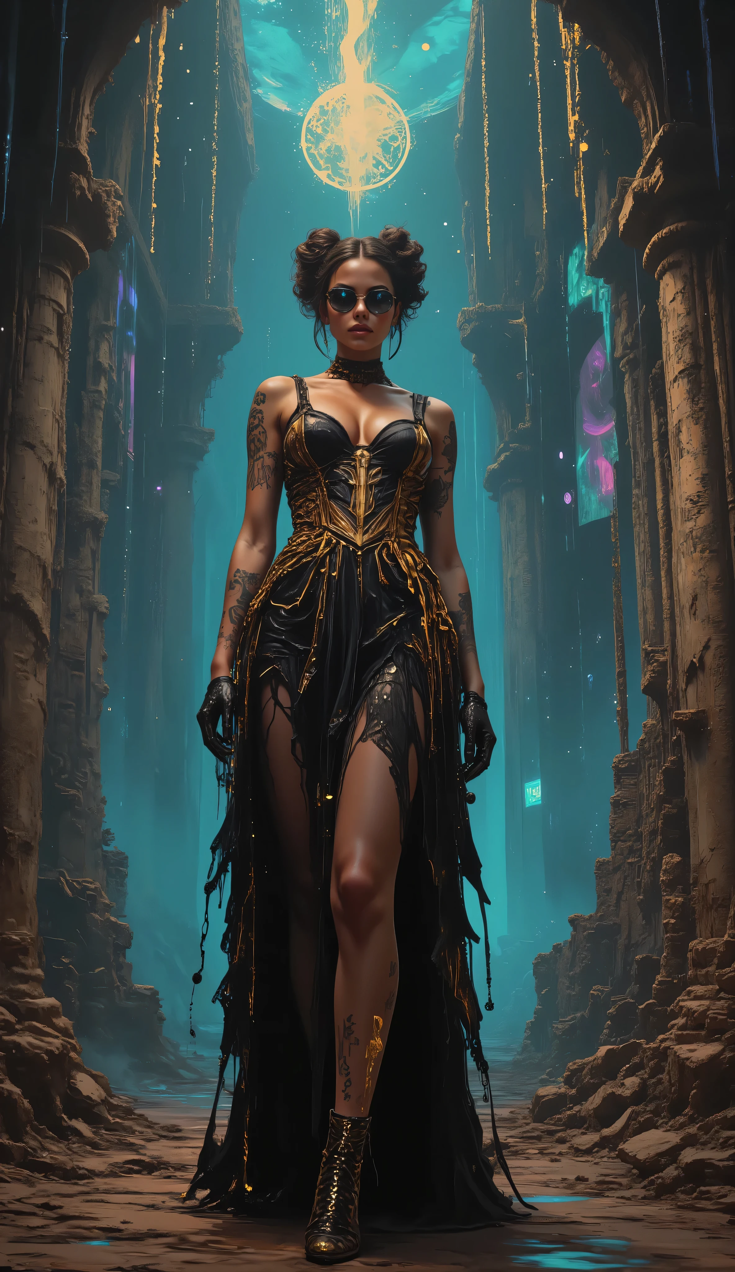 In the style of Neon glitch mosaic surrealism, we see a photo-realistic bizarre portrait of a beautiful, and Charismatic caucasian half black lady of mixed heritage bearing a large gap toothed infectious smile between dimpled cheeks, graceful yet an outcast, radiating an eldritch aura and mysterious supernatural power. Her deep light golden-brown caramel skin glows with lifelike detail. She stands in a wild avant garde black and gold dress with a skirt that ends at her thighs thats very low cut and nuanced, in a theatrical pose, eyeglasses of superb make that are in a golden and black frame, large round expressive dark eyes, gap-toothed beguiling smile, exuding otherworldly energy. Her form: petite upper body, medium 32C natural breasts, powerful larger arms, trim waist, dramatically wide hips, large round ass, robust long legs. Tattooed script of loved ones on arms and chest; unfinished bowtie tattoos on thick thighs. Around her, swirling tendrils of shadow and iridescent light evoke an ancient cosmic power, casting ethereal light and mysterious symbols. In the somber, moody background, crumbling ancient wonders and modern facades meld in cool tones, surreal textures, gothic opulence and bold dramatic lighting. Intricate, high-fashion details inspired by McQueen, Mugler, and Gaultier. She is enveloped in a haunting, melancholic glamour—chosen, enchanting, blending history, futurism, and eldritch magic in a cinematic ArtStation illustration.