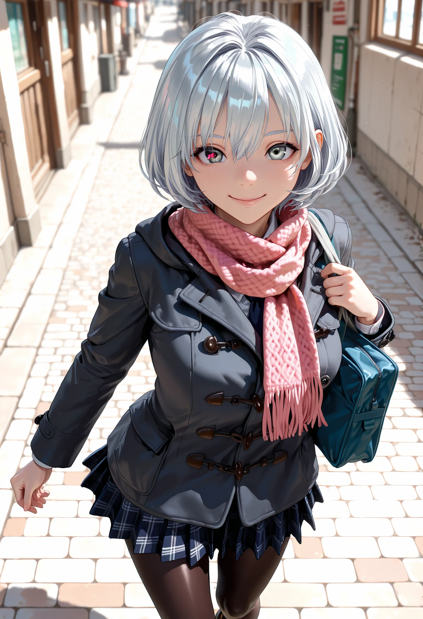 (from front:1.4), (from above:1.2), cowboy shot, masterpiece, best quality, amazing quality, very aesthetic, high resolution, ultra-detailed, absurdres, newest, scenery, BREAK, depth of field, volumetric lighting, (masterpiece, best quality, absurdres, detailed,perfect quality, amazing quality, very aesthetic, absurdres, newest, ultra-detailed:1.2), extremely detailed, modern, very awa, crisp, sharp, beautiful eyes, fine textures, clean skin, 1girl, 18yo, BREAK ((silver hair:1.5),bob cut, bang between eyes), ((glossy silver eyes:1.5)), (cute eyes, tareme, twinkle eyes), (large breasts), cute face, beautiful face, pretty face, beautiful, good anatomy, long eyelashes, expressive eyes, Perfect Hands, happy, one eye close, smile, glossy lips, perfecteyes, BREAK 1girl, (dark-navy theme:1.3), (Wear a dark-navy duffel coat over school uniform and exposed only skirt-hem:1.4), (black and white plaid-pattern pleated skirt:1.1), ((dark-brown pantyhose, loafers):1.2), BREAK (pink theme:1.3), (plaid-pattern knitted pink scarf:1.4), BREAK 1girl, (holding one black school bag on her left shoulder), BREAK 1girl, morning, sunny, street, daylight, a cute anime girl, walking, (dynamic pose:1.3), BREAK soft lighting, (masterpiece, best quality), (cute, 8K, perfect lighting, perfect anatomy), absurdres, (best quality), (ultra-detailed:1.2), high res, very aesthetic, ultra-detailed, cinematic, masterpiece, best quality, sharp outline, detailed eyes, high gradient eyes, high definition eyes
