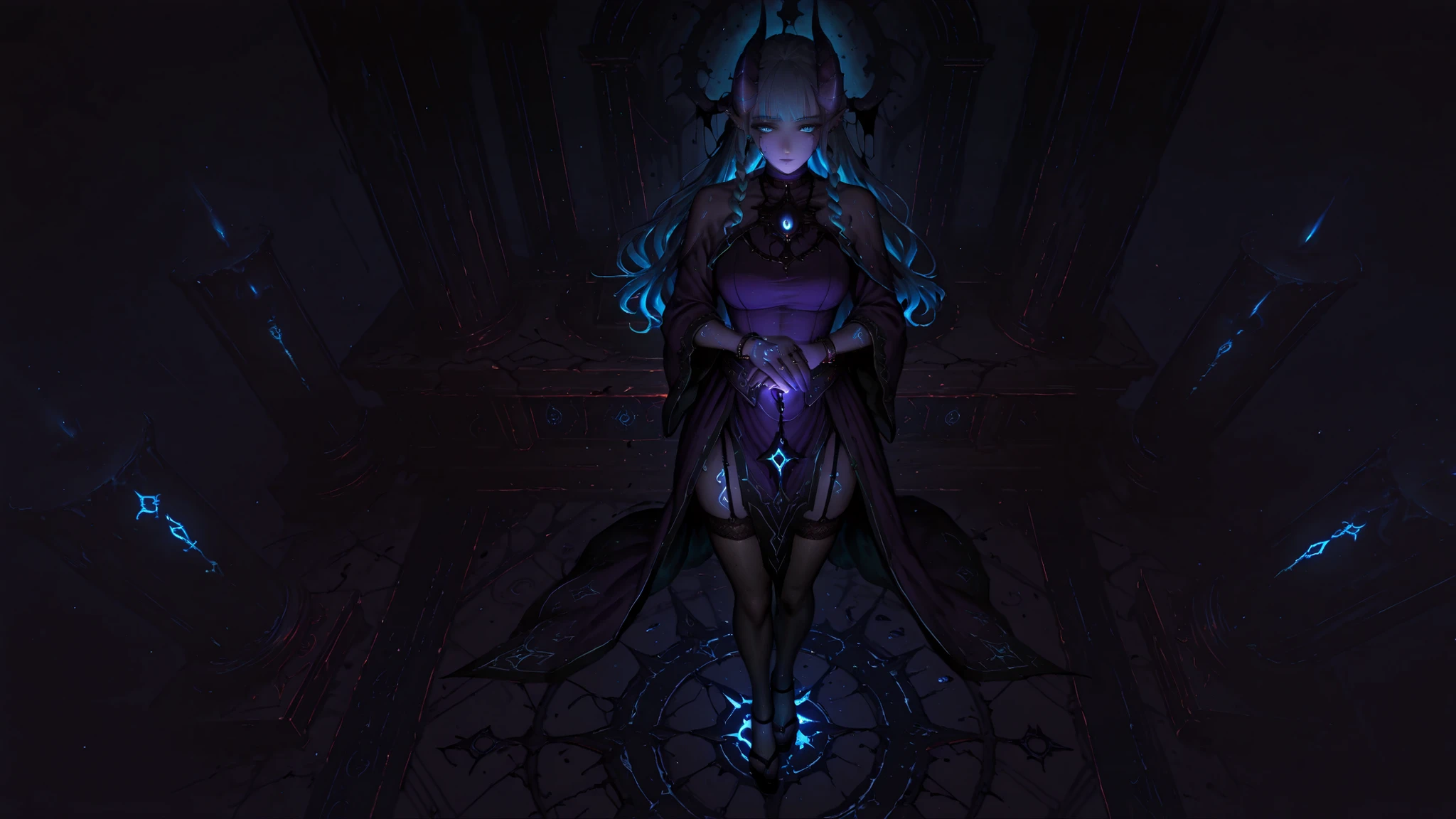 ((inspired by fantasy)),(((masterpiece)), ((best quality)),((ultra detail)),),beautiful-woman, ((detailed face)),((detailed body)),(full body:1.3).


1-woman,slime,
(((demon woman))), ((pointed ears)),(dragon’s horns attached to the head), backward-curved horns, ((purple-blue-skin)), 

((Sacrifices are offered on the altar of darkness)).(( The Dark Priestess Demon Woman casts a spell in front of the altar)).(( In response to the spell, runes appear around it)), ((and a purple mist appears))..((altar of darkness)),

middle-aged woman, adult woman ,mature,
(viridian-green to Royal blue gradient hair ),(claret-color rune-pupils-eyes),turime,glowing tattoo on body, Voluptuous Breasts,Brawny build Body,
curly hair with inside-ringlets-hair and side-braid-hair,asymmetrical-bangs-hair,
makeup,shimmer eye-shadow,false eyelashes,pierced ears,plump lips,
Chic purple choker with lace detailing,Elegant purple gloves with intricate stitching,lace-trimmed over-knee-stockings,platform heeled sandals,,
The woman is wearing phoenix priestess robe ,Earrings in the ear,bracelet,ring,