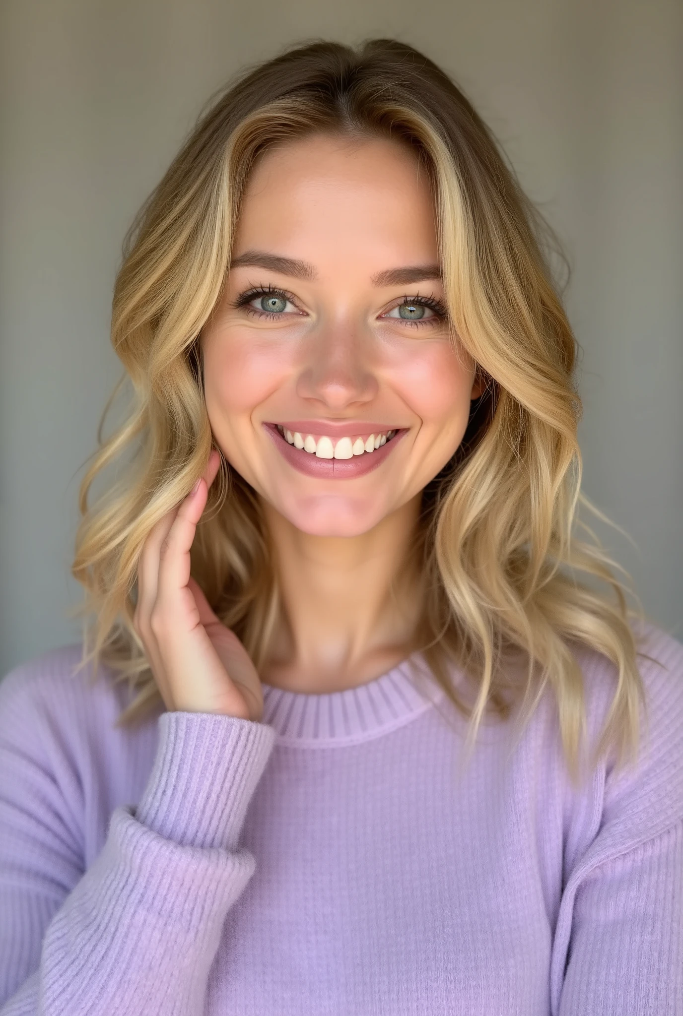mulher jovem branca, cabelo loiro , sorrindo, Blue eyes wearing light purple sweater